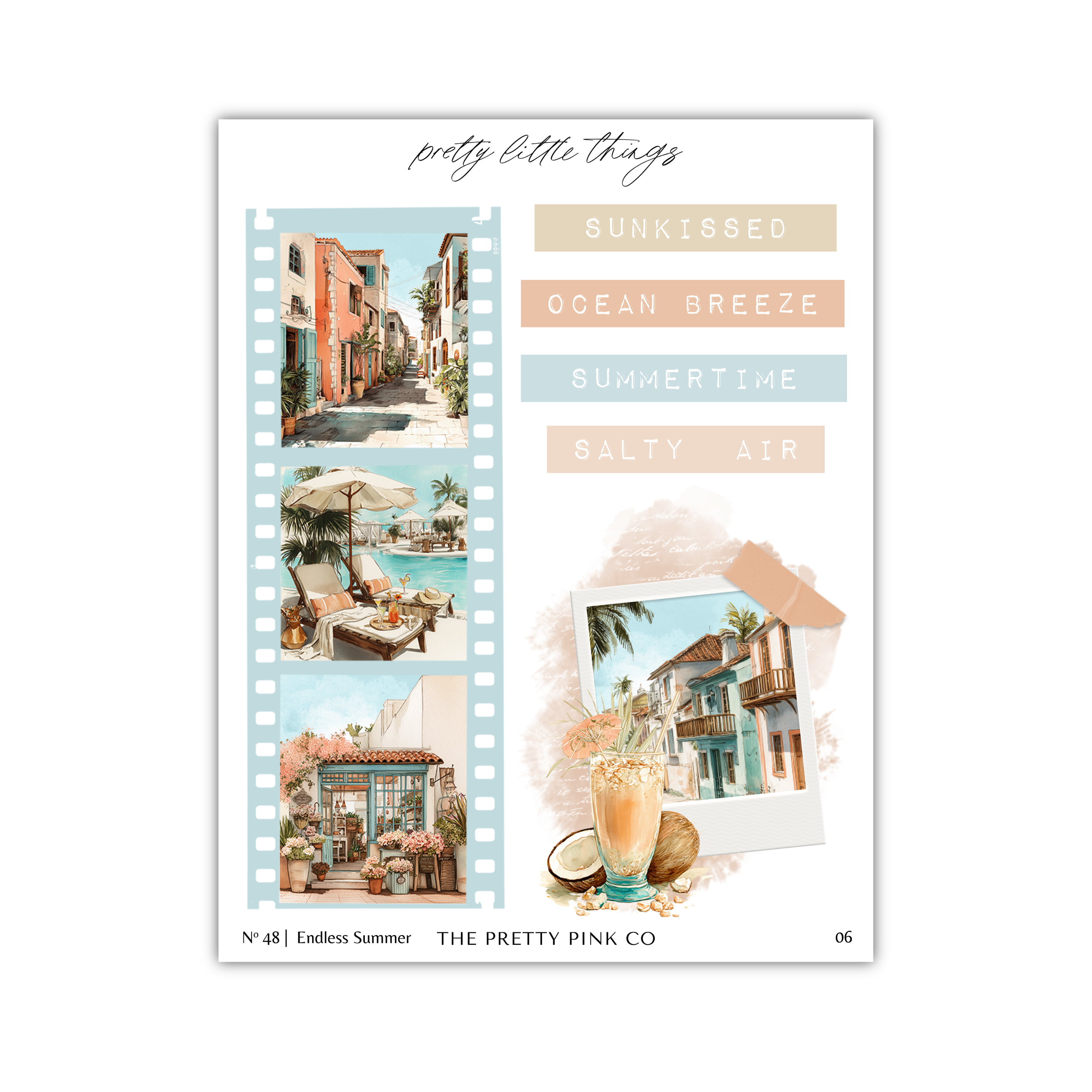 The image is a collage of various summer-themed images, including a beach scene, a tropical resort, and a tropical drink.