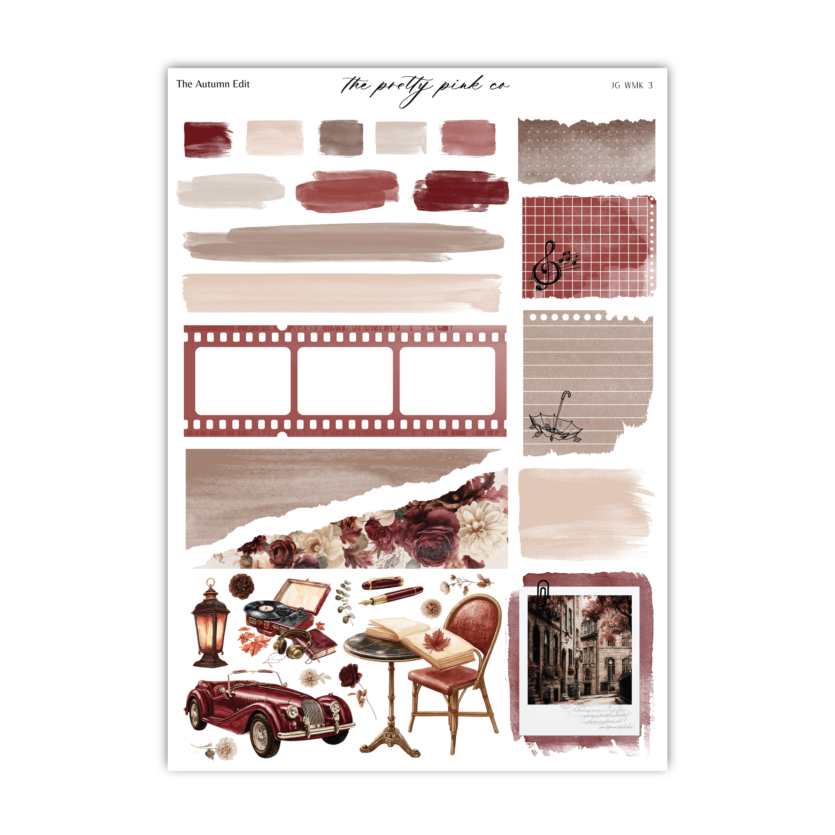 The image is a collage of various elements, including a vintage car, a film strip, a photograph, and other decorative items. The collage appears to be a collection of different textures, patterns, and objects, creating a visually interesting and diverse composition.