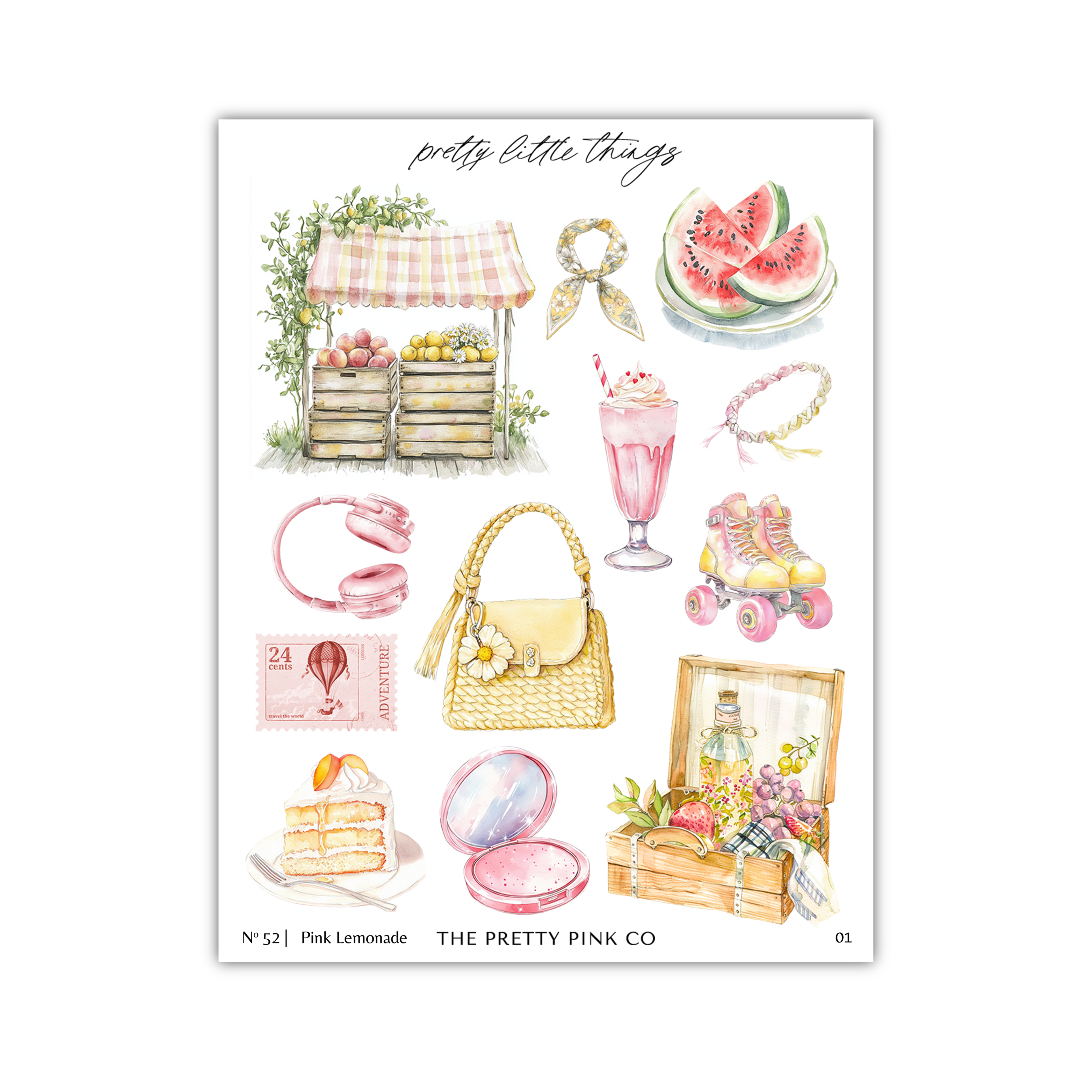 various illustrations of pretty little things, including a lemonade stand, a watermelon, a pair of rollerblades, a purse, a cake, and other decorative items.