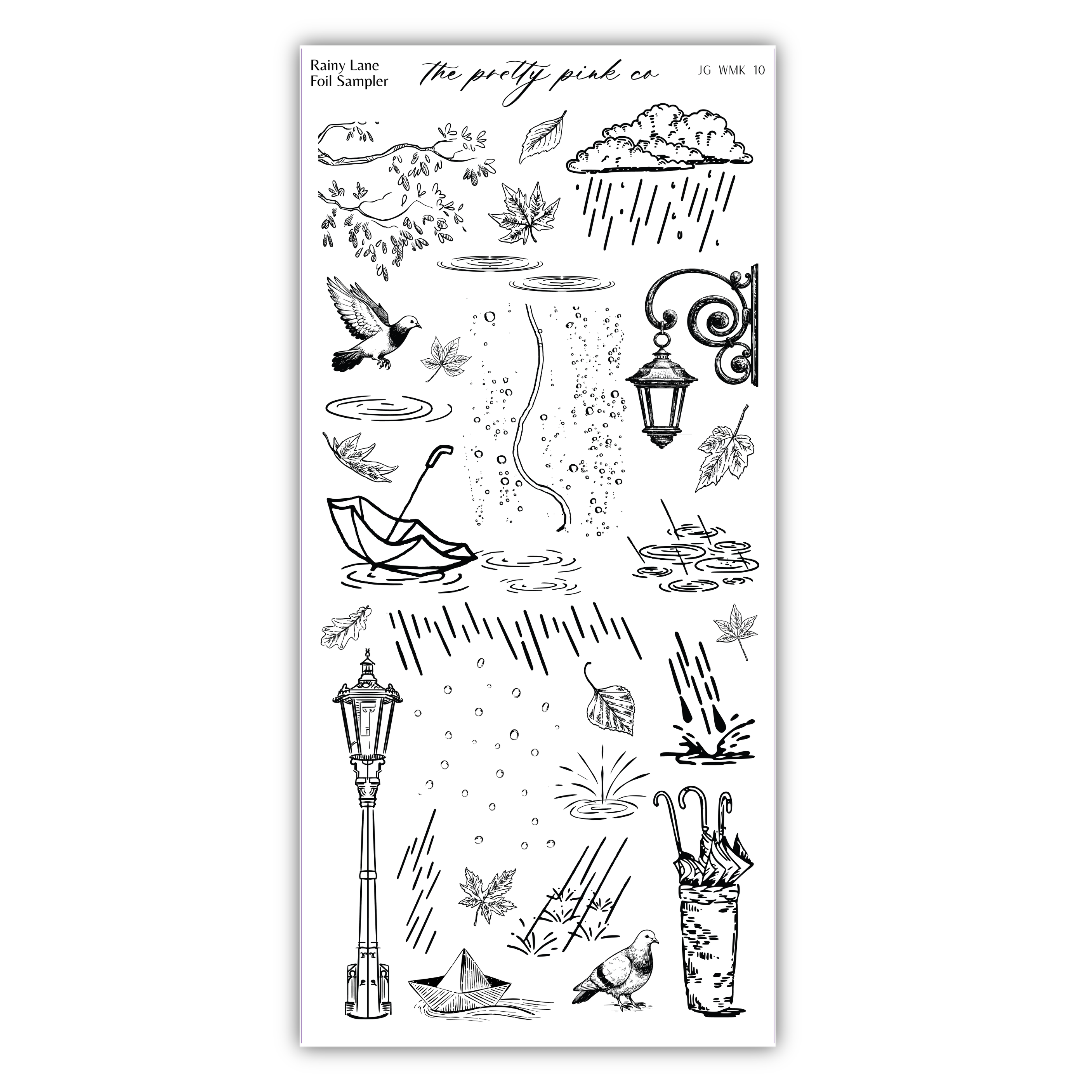 various black and white illustrations of different objects and scenes, including a bird, a street lamp, a cloud, and raindrops.
