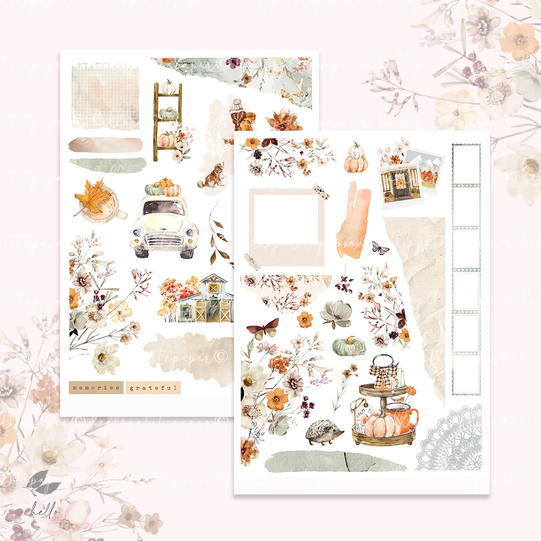 The image is a collage of various autumn-themed elements, including pumpkins, flowers, a car, and a house. The collage is set against a pink background with floral elements.