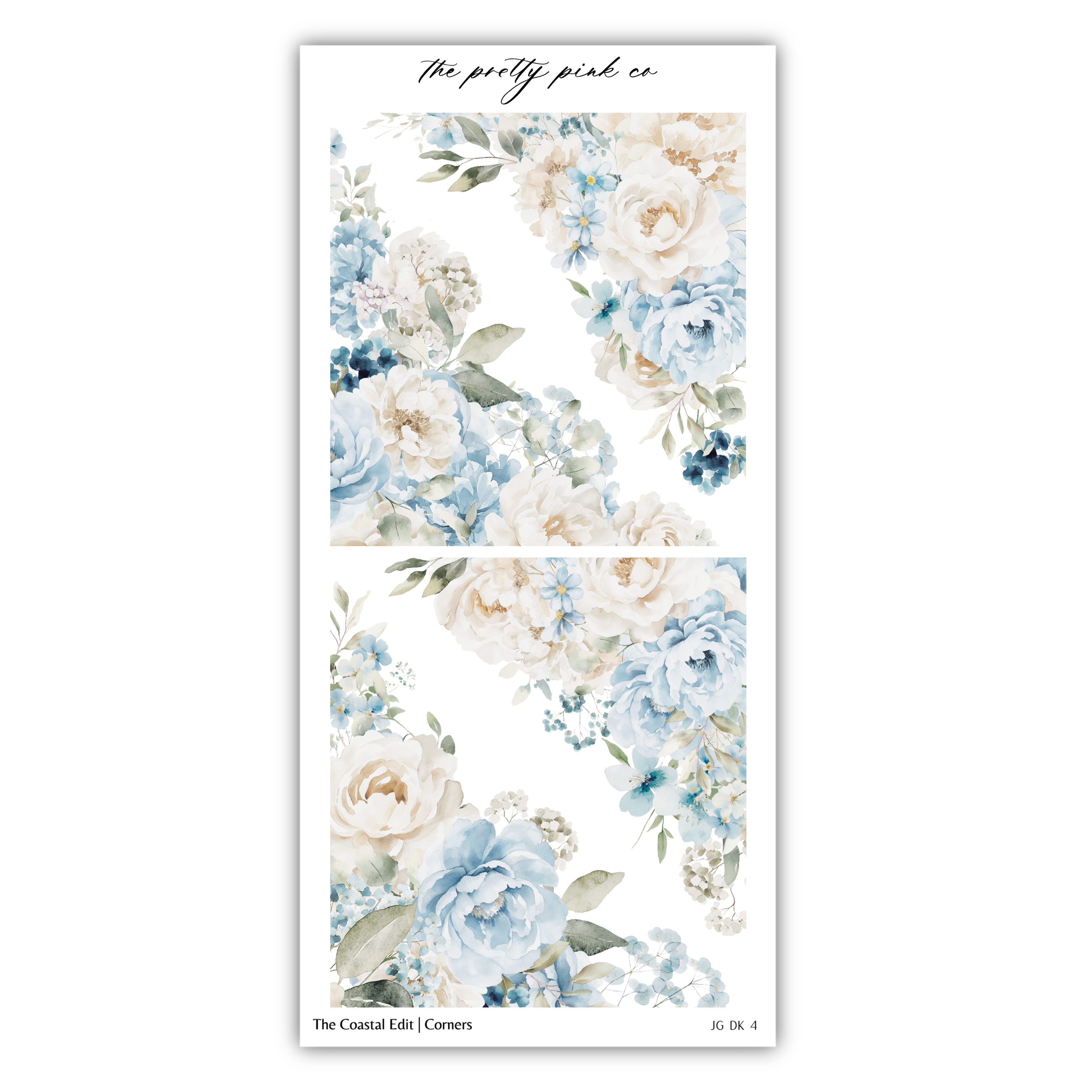 The image is a collage of two floral images, each featuring a variety of flowers in shades of blue, white, and green. The collage is titled "The coastal edit (corners)" and includes the text "The pretty pink co" at the top.