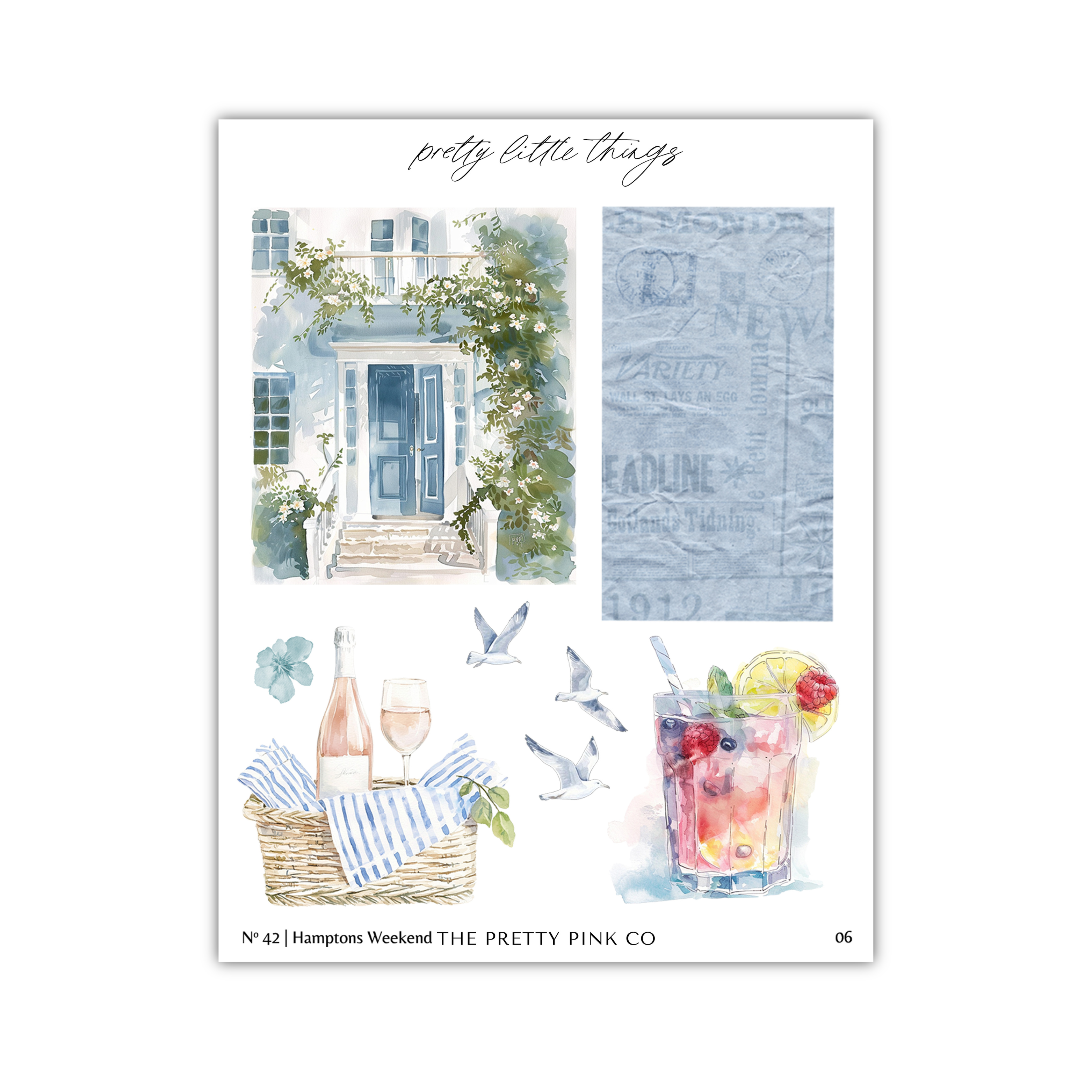 The image is a collage of various elements, including a house, a basket of fruit, a glass of wine, and birds. The collage is titled "pretty little things" and includes the text "Nf 42 | Hampton Weekend The Pretty Pink Co".
