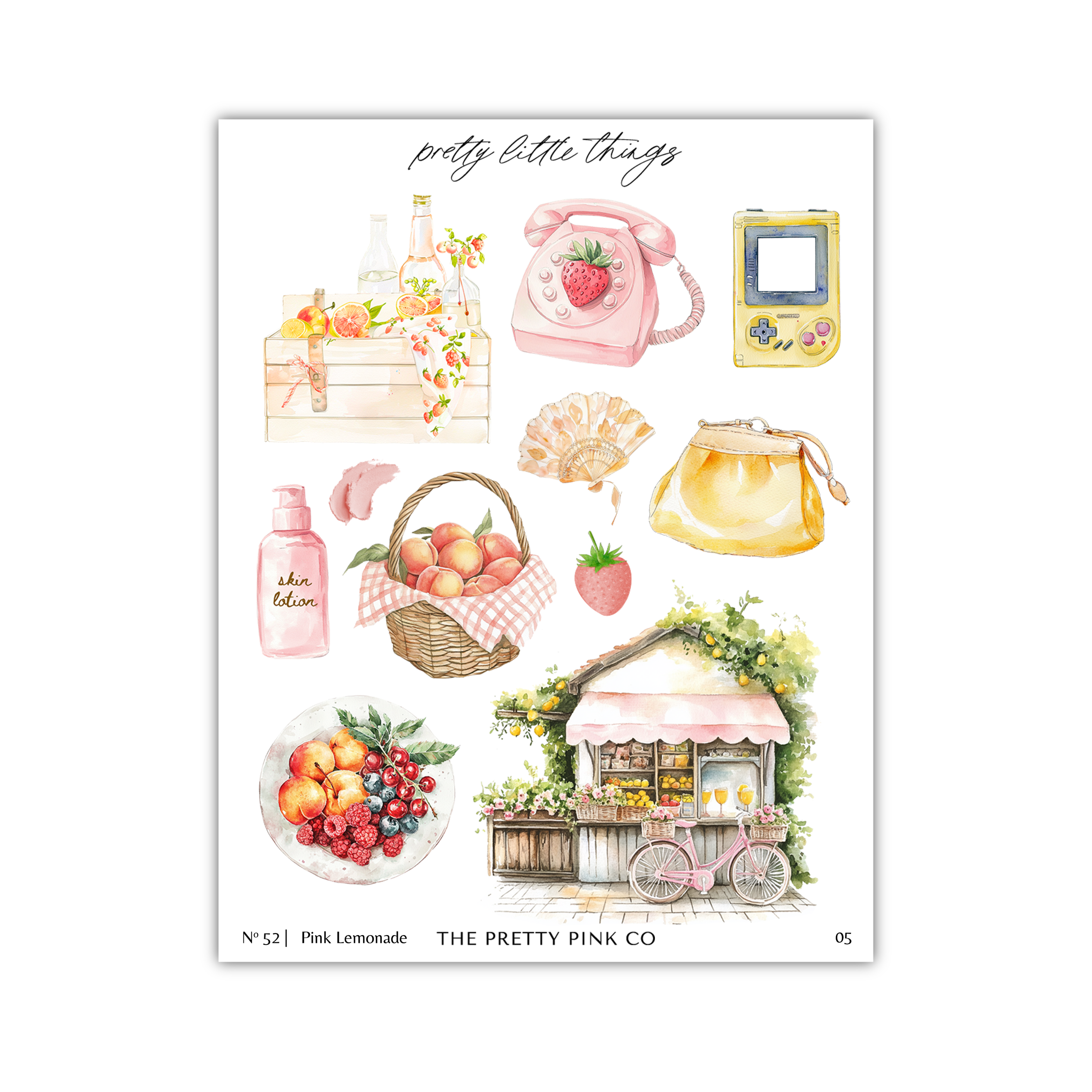 The image is a collage of various objects, including a pink telephone, a pink purse, a pink bottle, a basket of fruit, a pink bicycle, and a pink building.