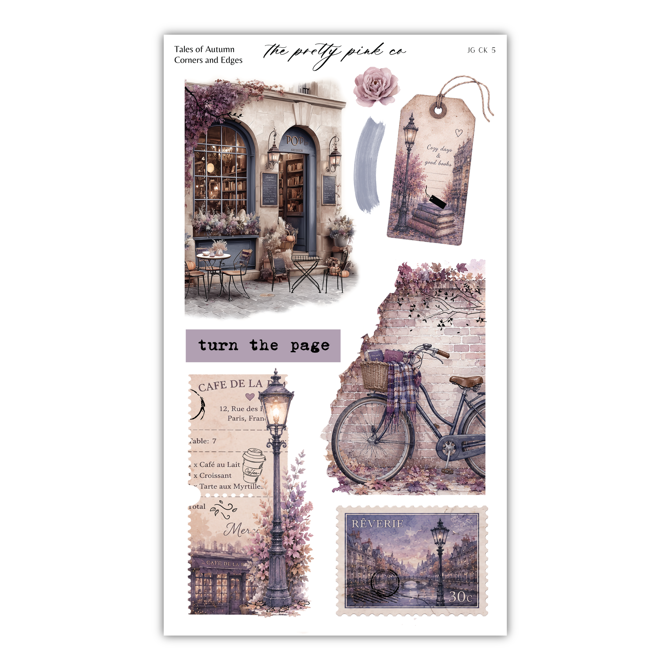 The image is a collage of various artistic elements, including a bicycle, a lamp post, a rose, and a building, all set against a purple and white color scheme.