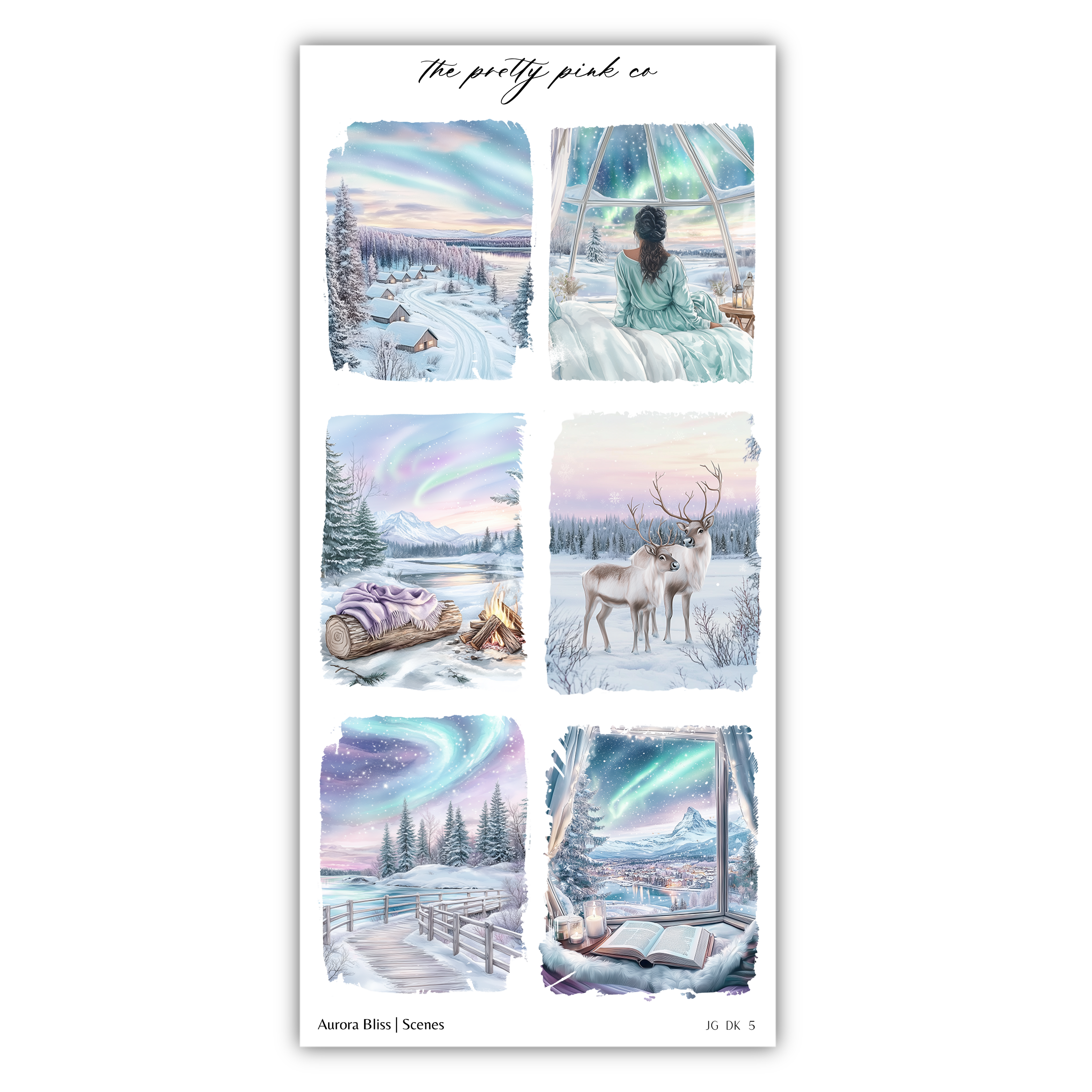 a sticker sheet with a picture of a person and animals in the snow