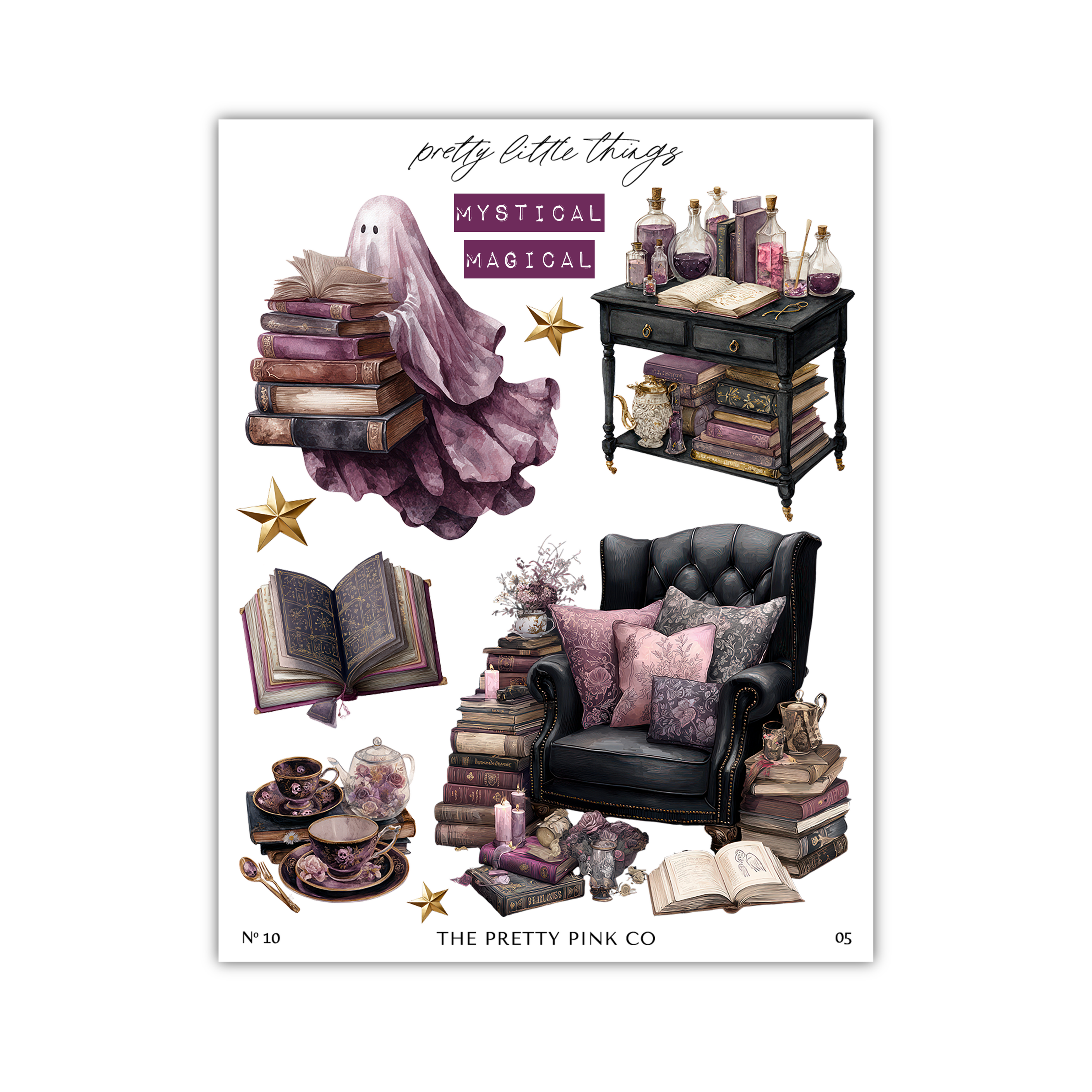 The image is a collage of various items related to the theme of "Mystical Magical", including a ghost, books, a table, a chair, and other decorative elements.