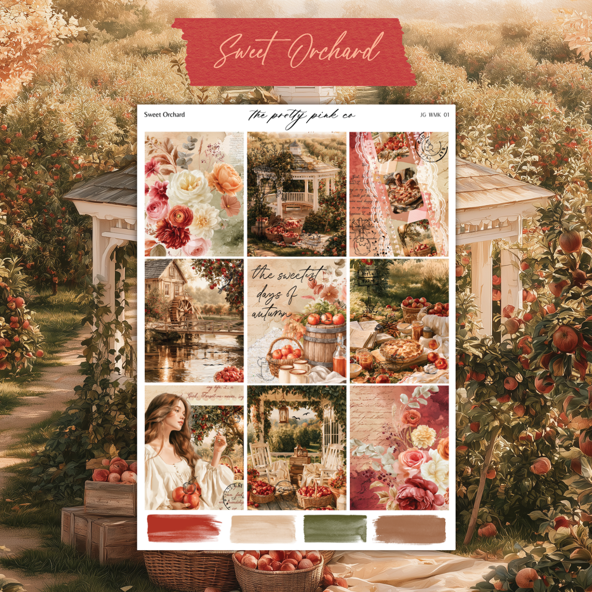 The image is a collage of various pictures depicting a beautiful orchard scene, including a woman holding apples, a basket of apples, and a scenic view of the orchard.
