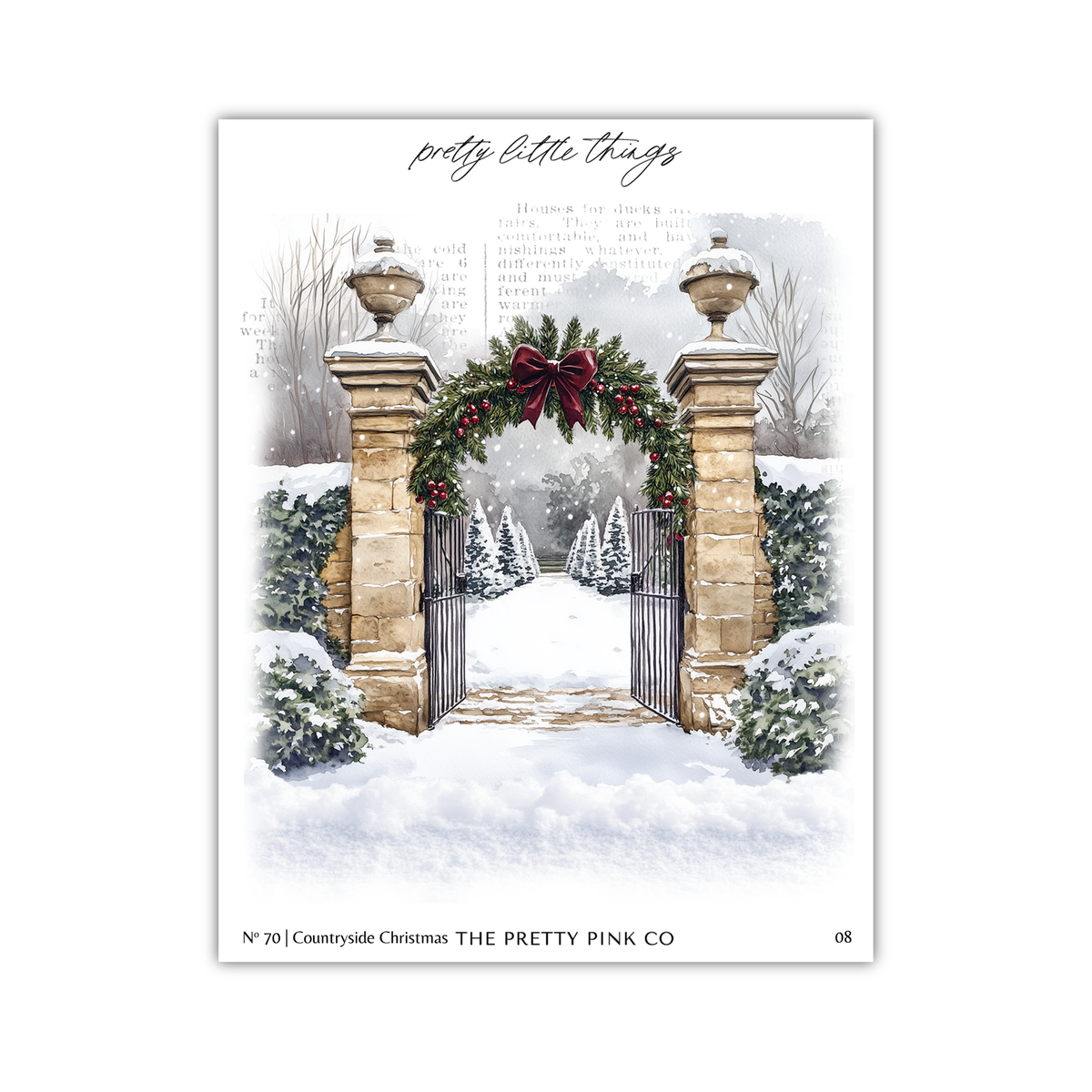 a stone archway with a wreath and a red bow, leading to a snowy path surrounded by trees and bushes.