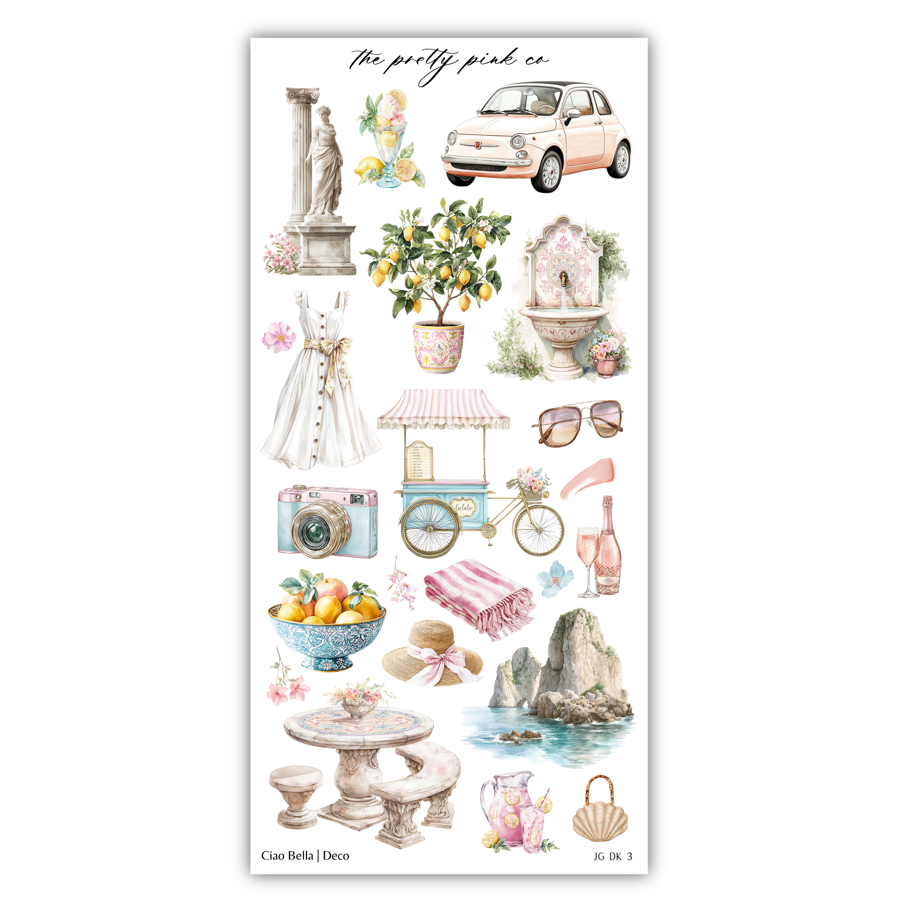 various decorative and everyday objects, including a car, a statue, a potted plant, a bicycle, a camera, a bowl, a vase, a table, a bench, a flower pot, a lemon tree, a bottle, a wine glass, sunglasses, a hat, a backpack, a handbag, a beach scene, a mountain, a river, and a stone wall.