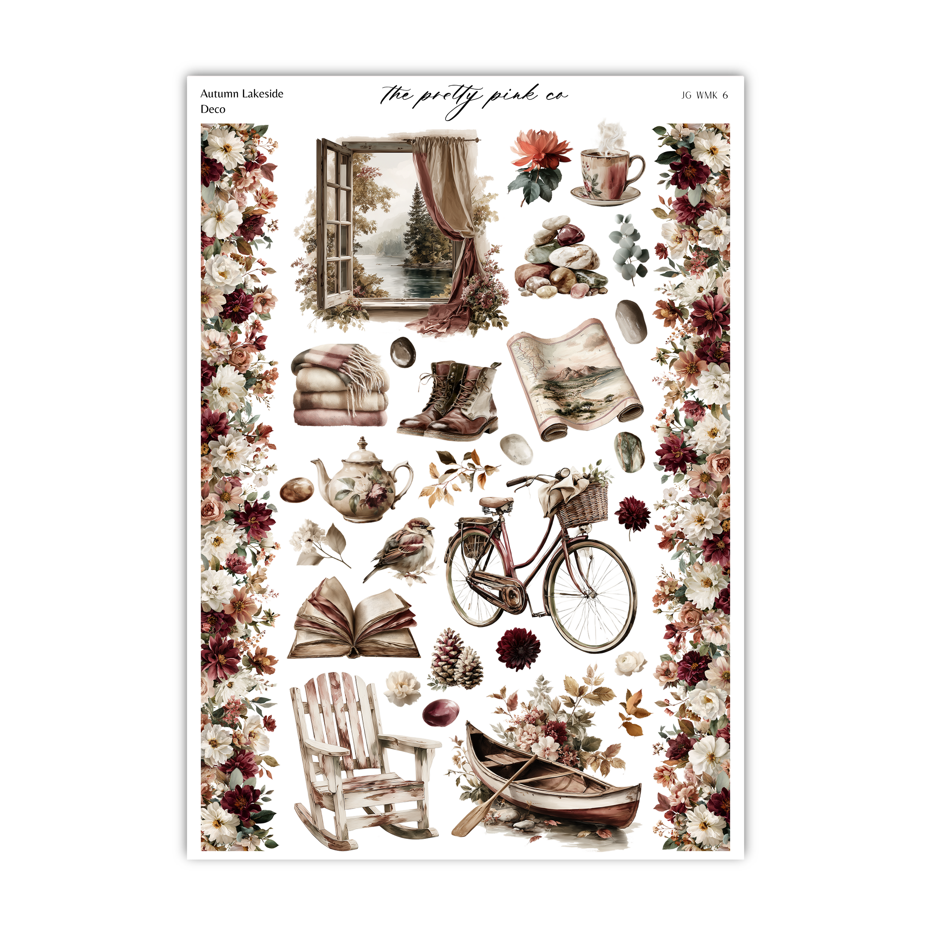 The image is a collage of various autumn-themed items, including a bicycle, a rocking chair, a teapot, a basket, a book, and a flower arrangement. The collage is framed by a border of flowers, creating a visually appealing and harmonious composition.