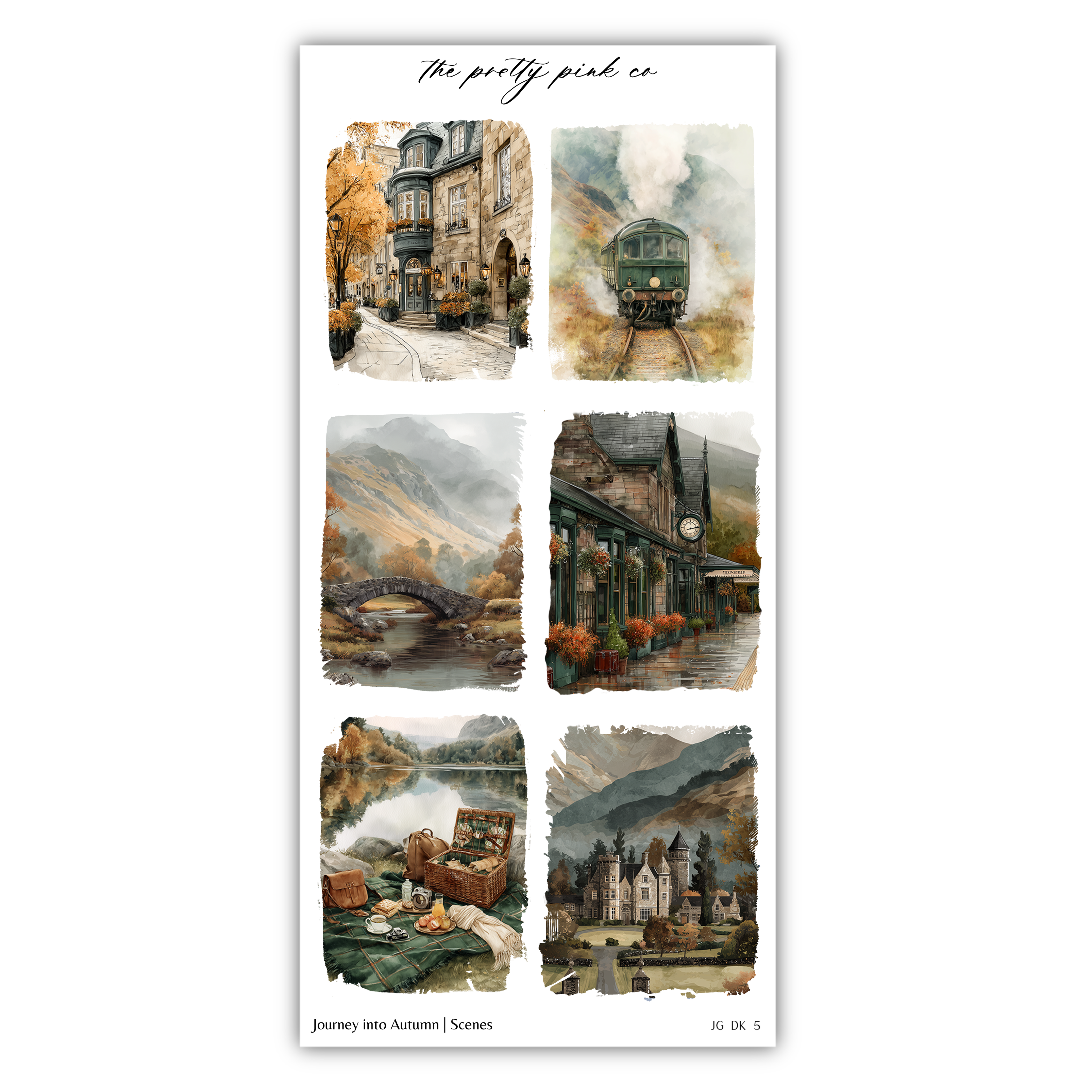The image is a collage of six different scenes, each depicting a unique landscape or setting. The collage includes a train, a bridge, a castle, a river, a mountain, and a picnic. The scenes are arranged in a grid format, with each image showcasing a different aspect of the autumn season. The collage does not contain any text, and the images are not described in detail.