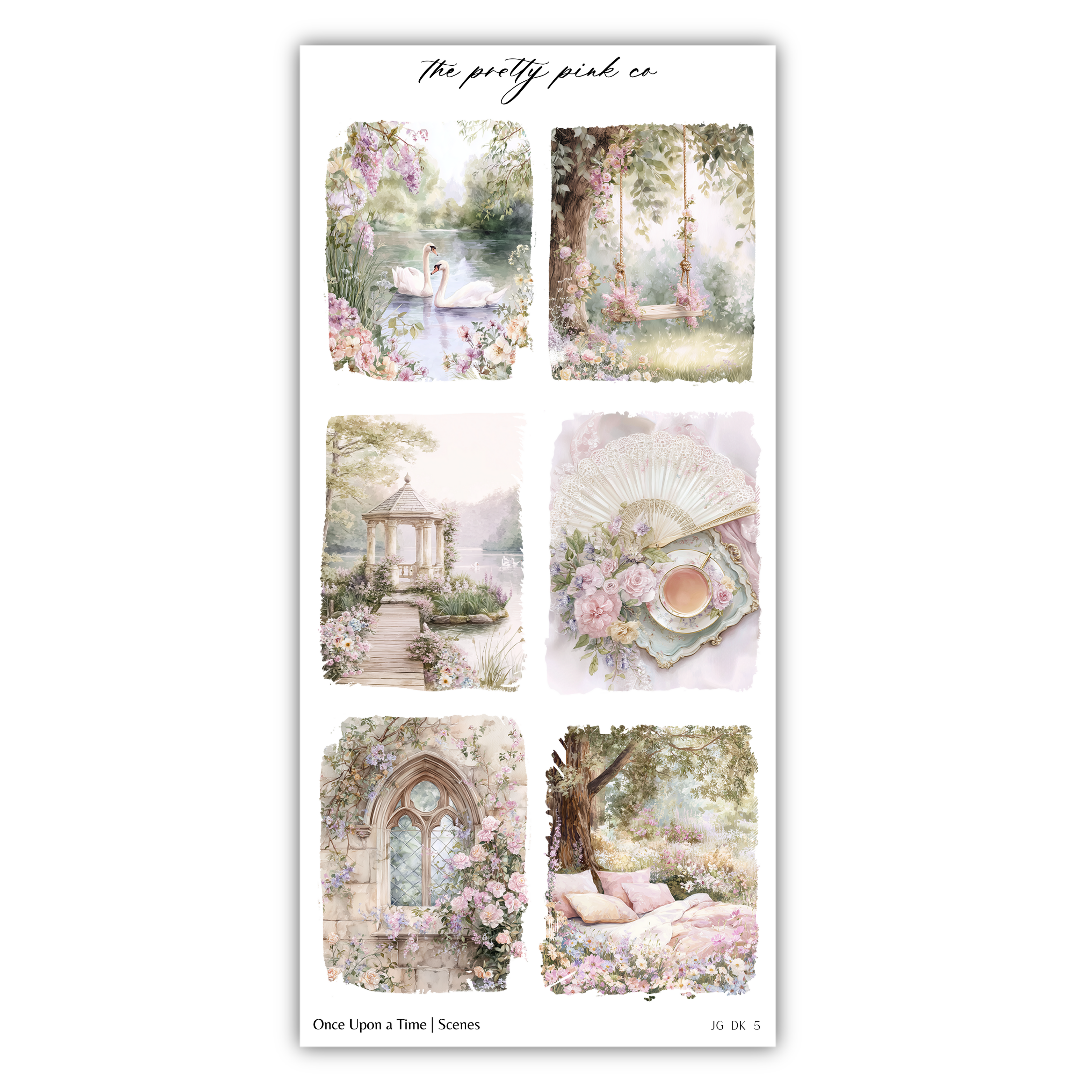 The image is a collage of six pictures depicting various scenes, including a swan in a pond, a gazebo, a fan, a cup of tea, a tree, and a bed.