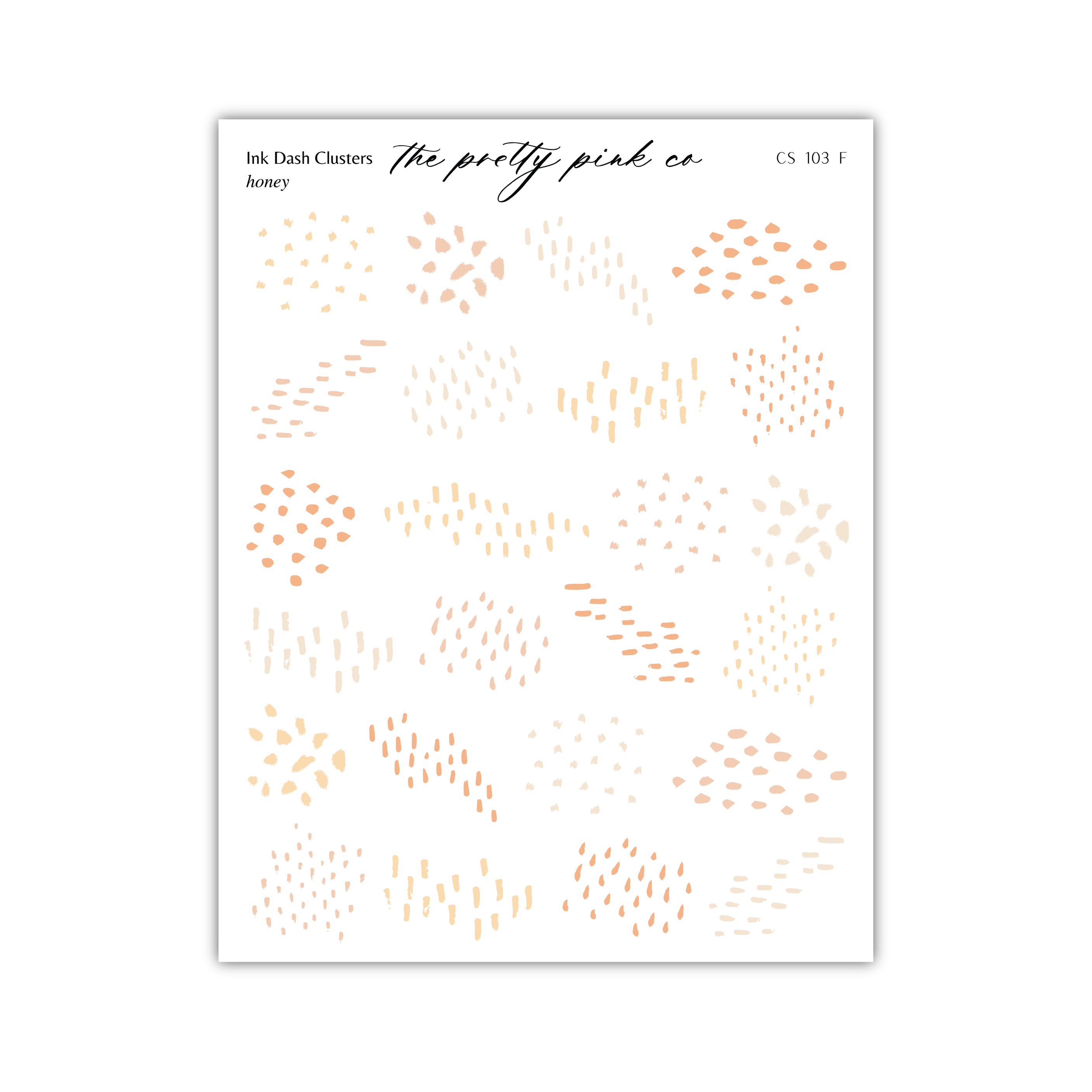 The image is a page from a book or magazine featuring a collection of abstract patterns and designs, including various shapes and textures. The page is titled "The pretty pink co" and includes the text "ink Dish Clusters" and "honey".