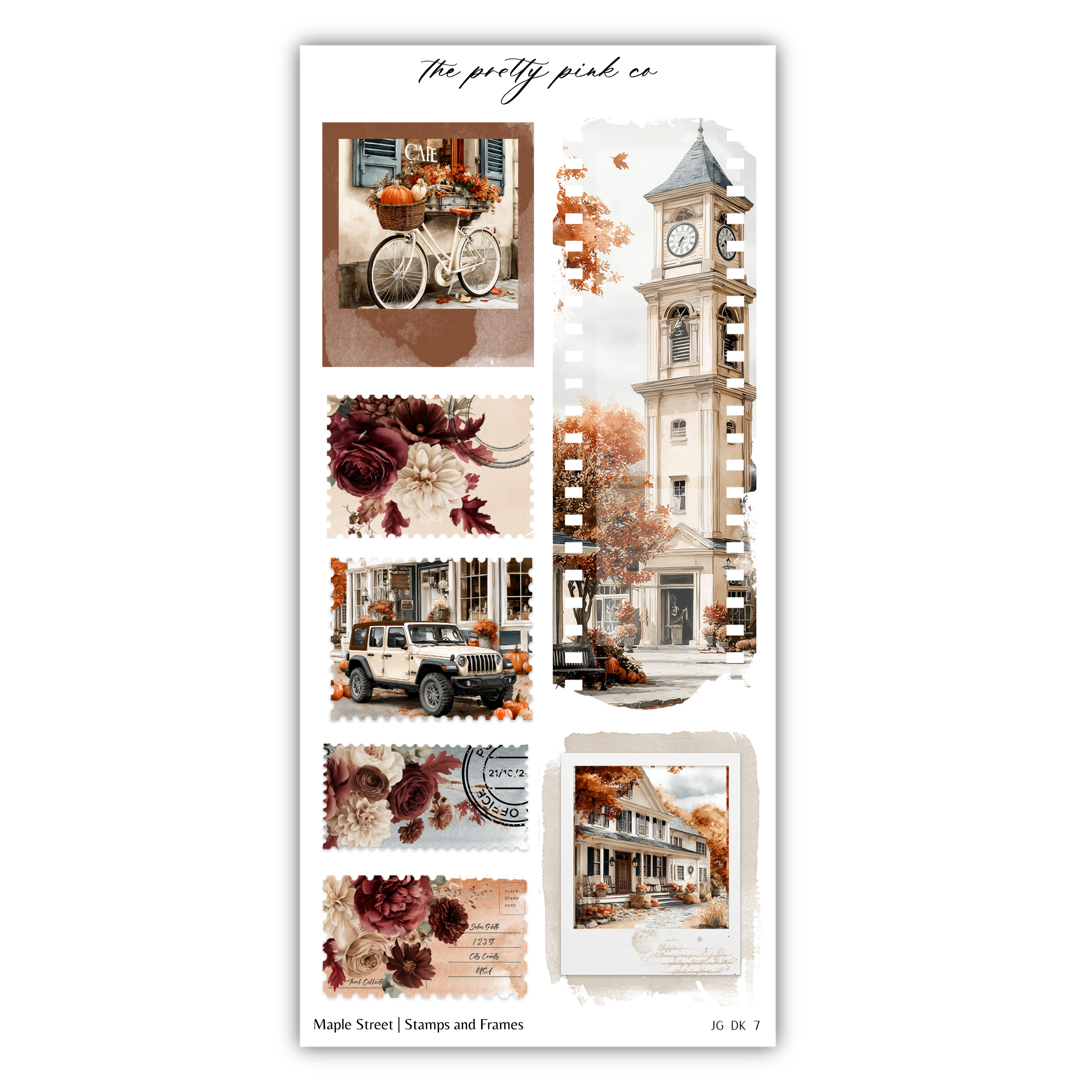 The image is a collage of various autumn-themed images, including a bicycle, a clock tower, a car, and a house. The collage is titled "The pretty pink co" and includes a maple street, stamps, and frames.