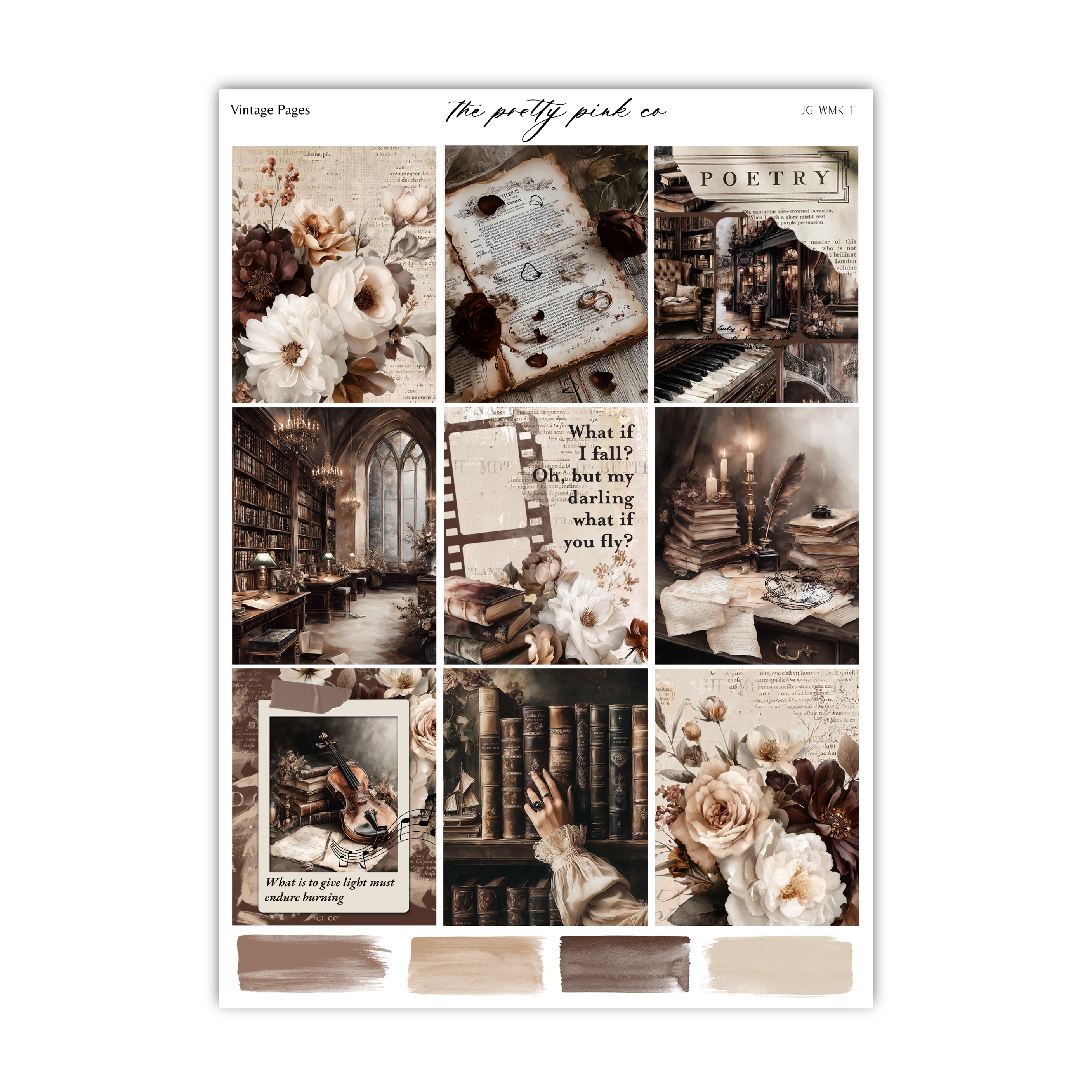 The image is a collage of various vintage-style photographs, including images of books, flowers, and other objects, arranged in a grid format.