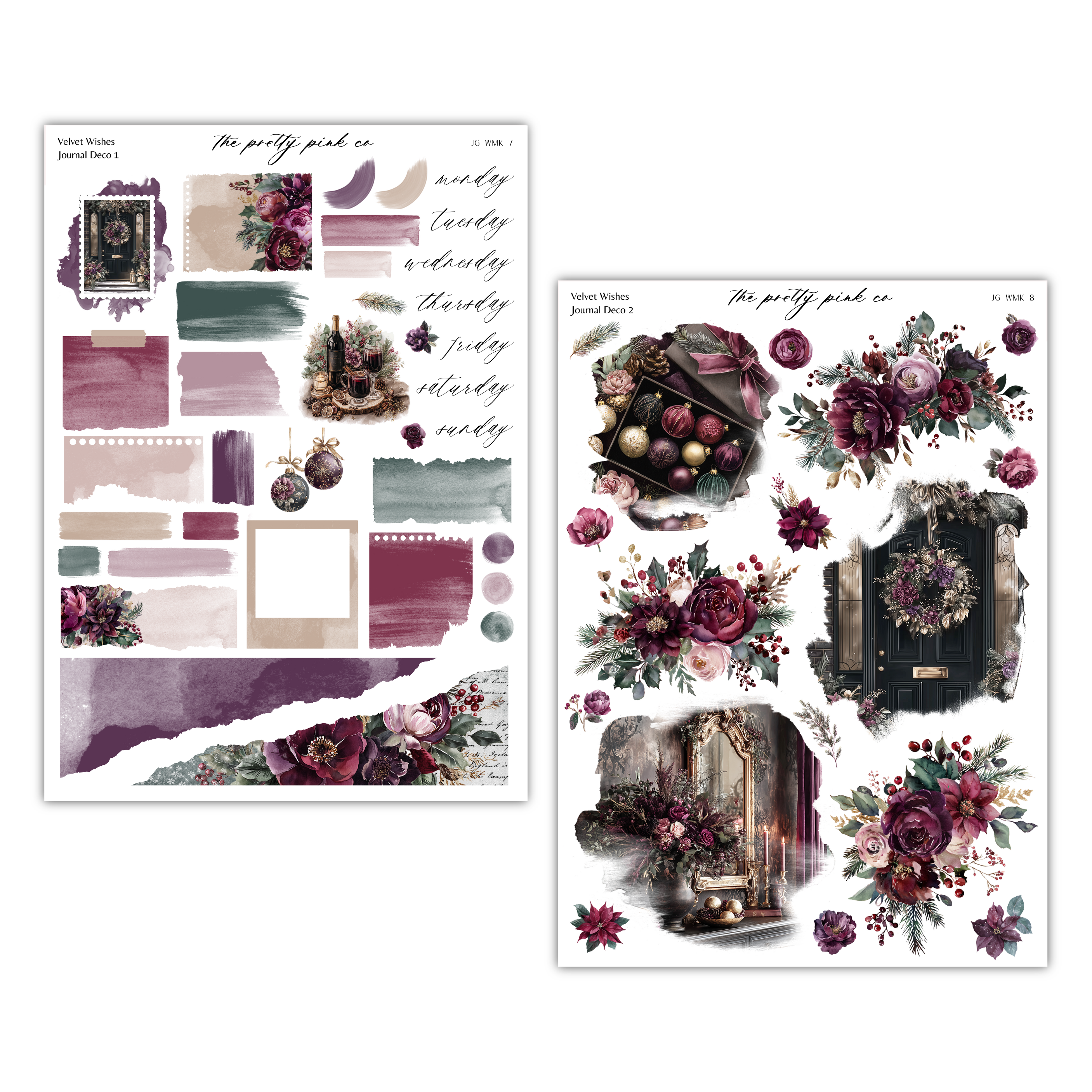 a collection of decorative elements, including floral arrangements, vases, and other ornamental objects, all in a color palette of burgundy, green, and purple. The image appears to be a collage or a set of images that have been combined to create a visually appealing and harmonious composition.