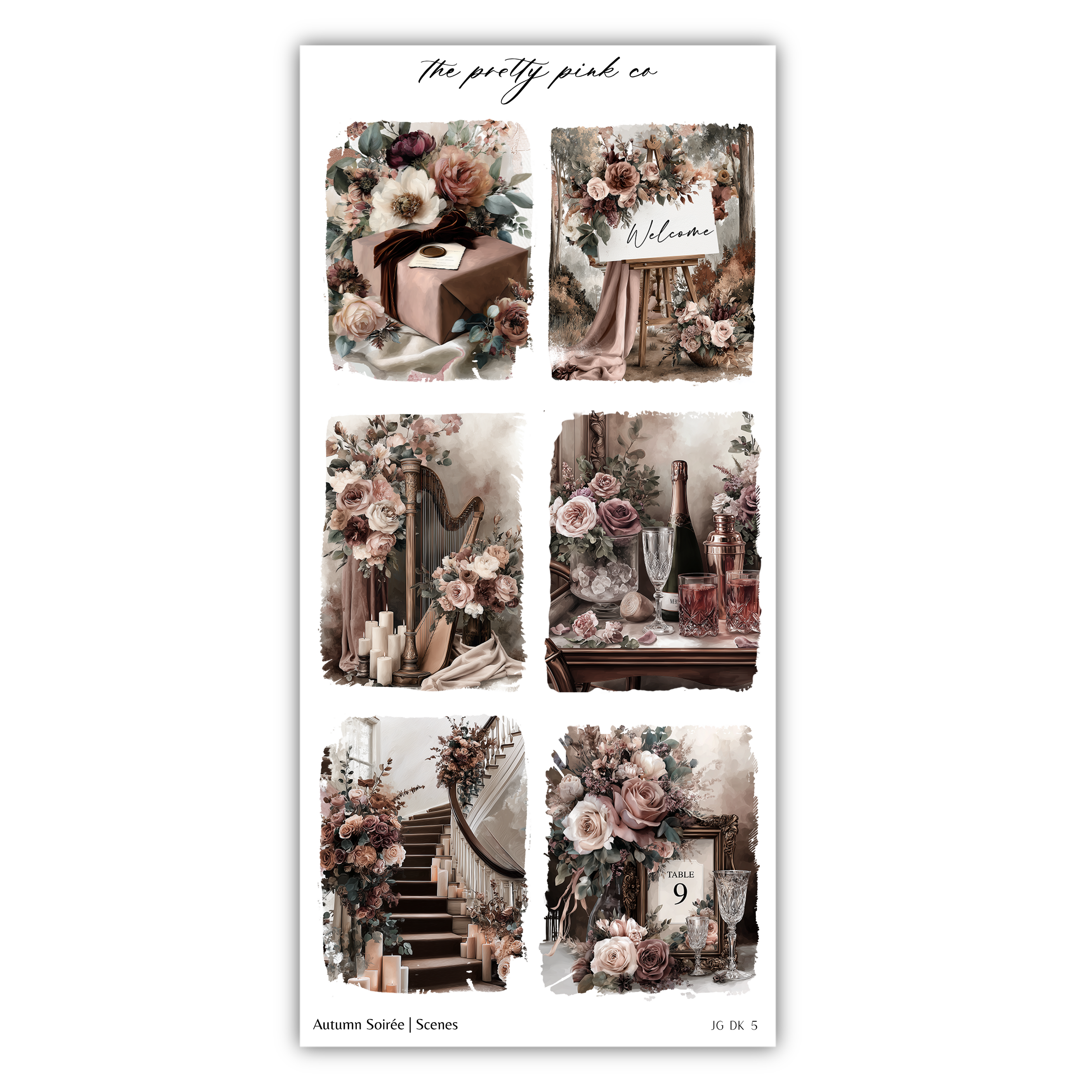 The image is a collage of six pictures depicting various floral arrangements and decorative elements, including a sign that says "Welcome".