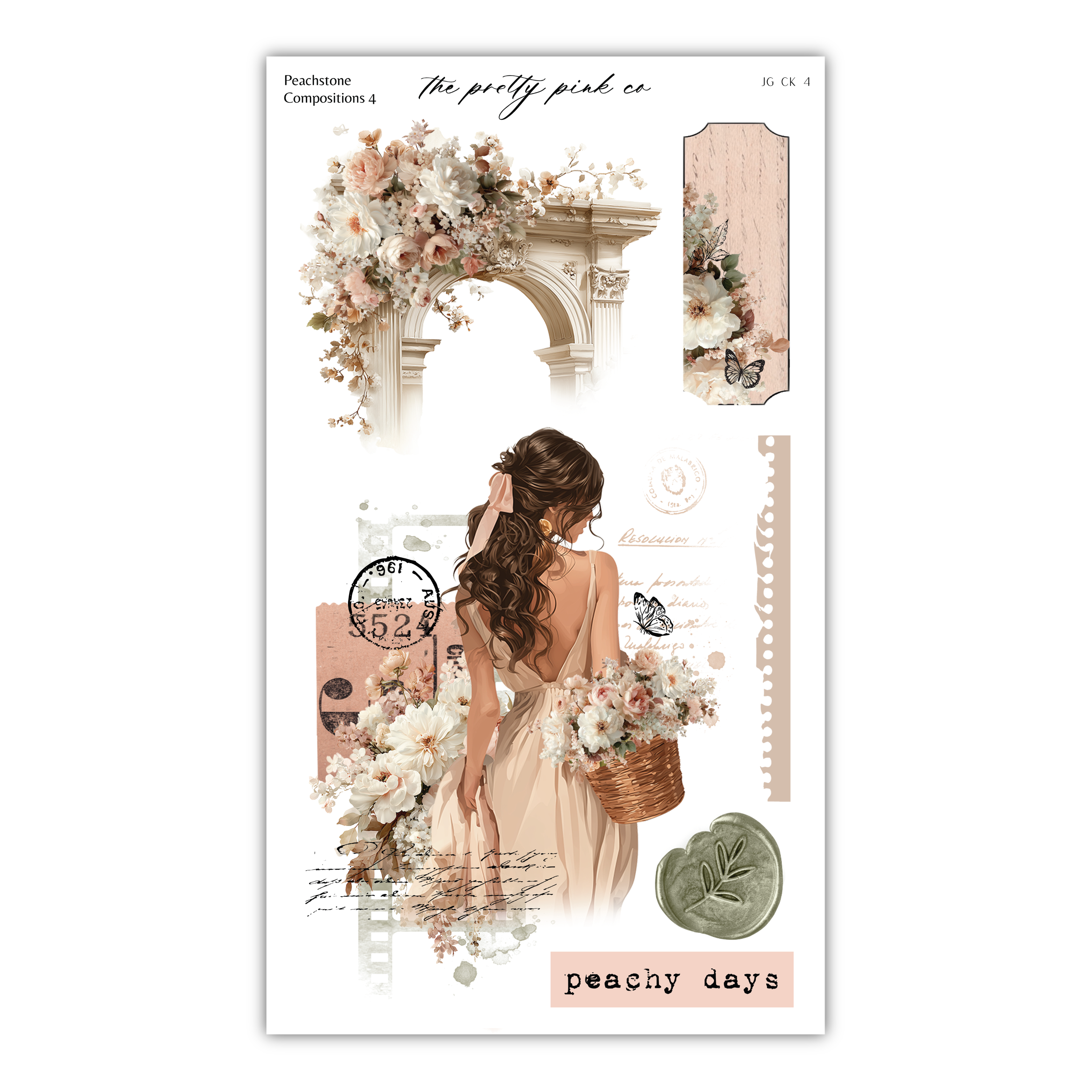 The image is a collage featuring a woman in a dress holding a basket of flowers, surrounded by floral elements and decorative text.