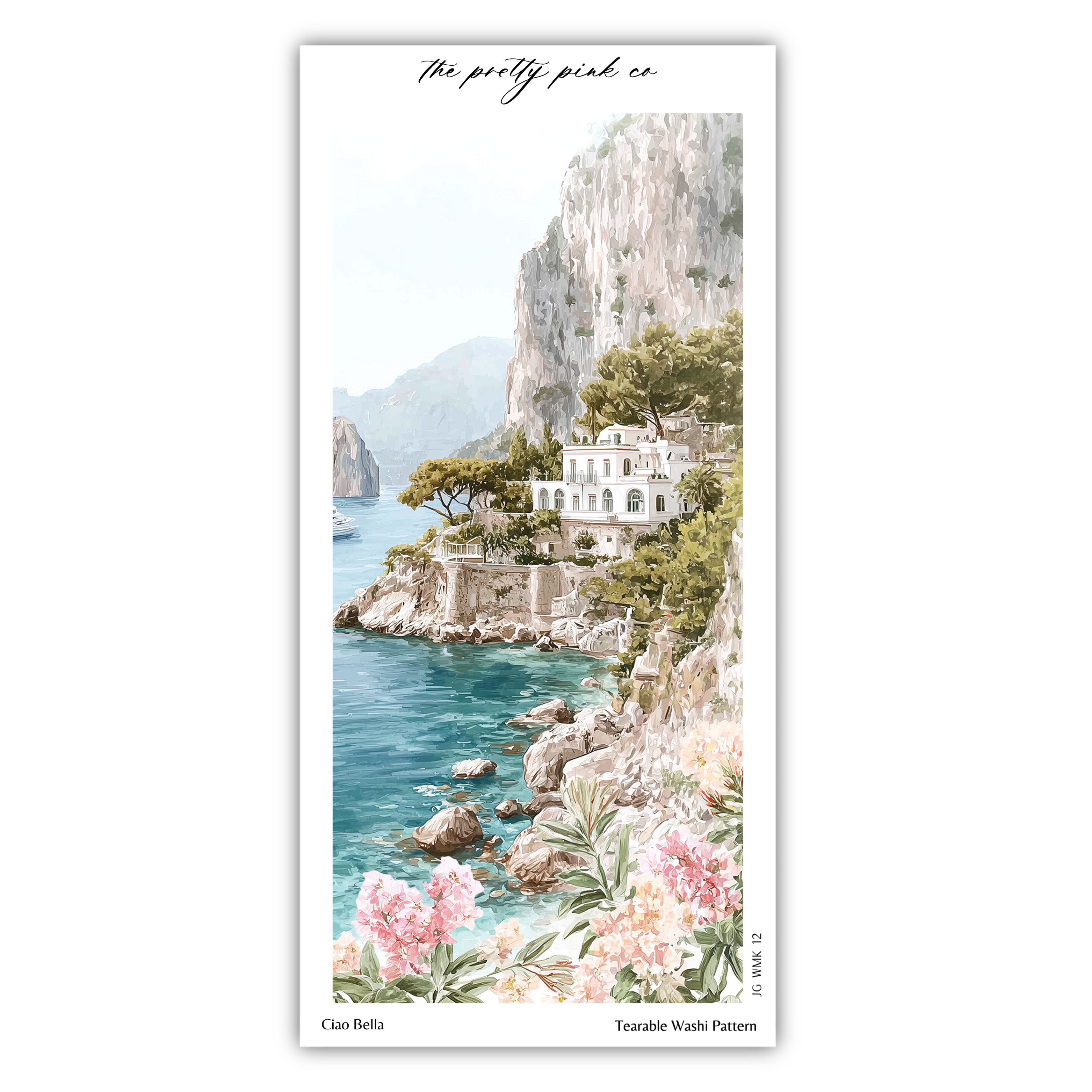 A coastal landscape with a white building perched on a cliff overlooking the ocean. The building is surrounded by lush greenery and flowers, creating a picturesque scene.