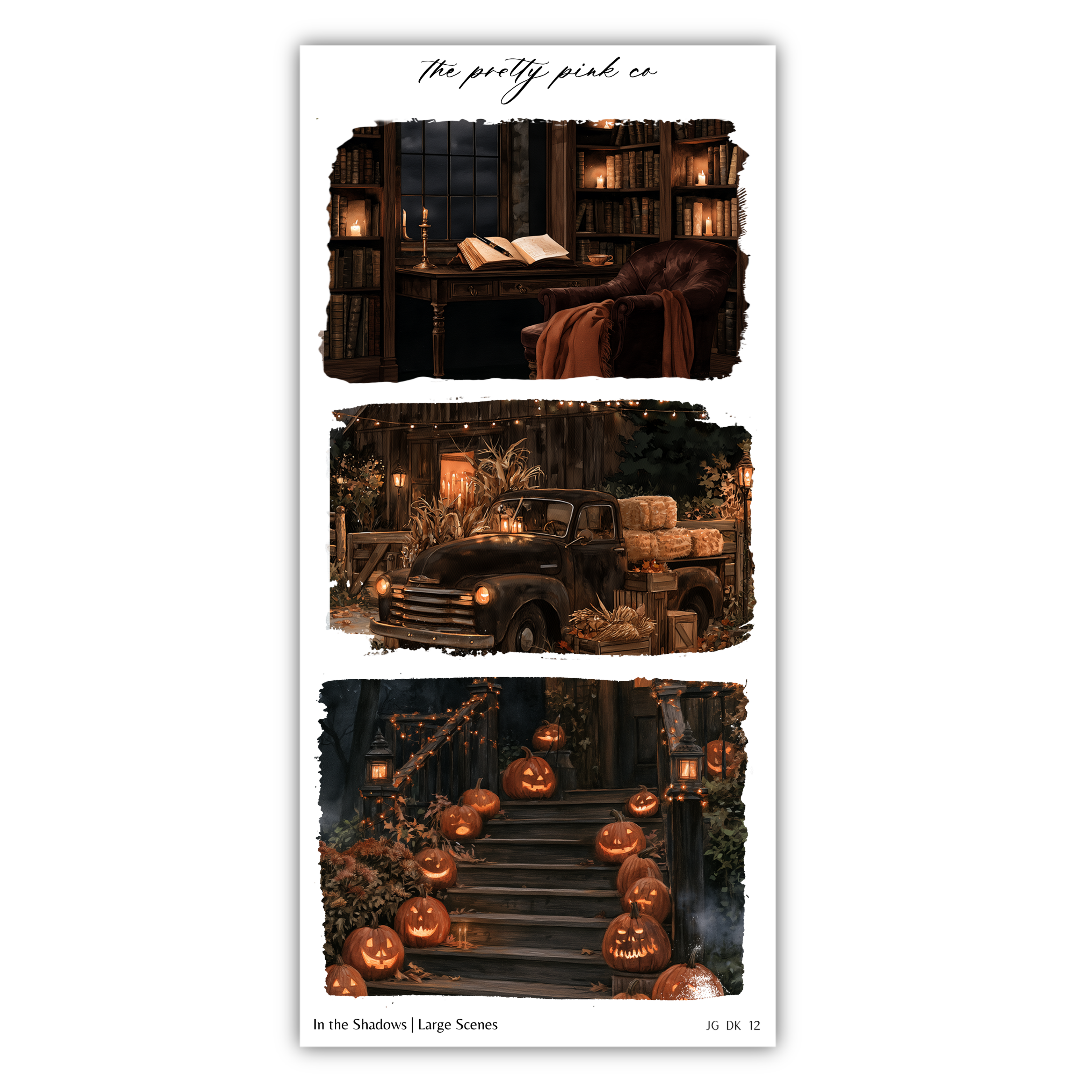 The image is a collage of three pictures depicting various Halloween-themed scenes, including a library, a truck, and a staircase decorated with jack-o-lanterns.