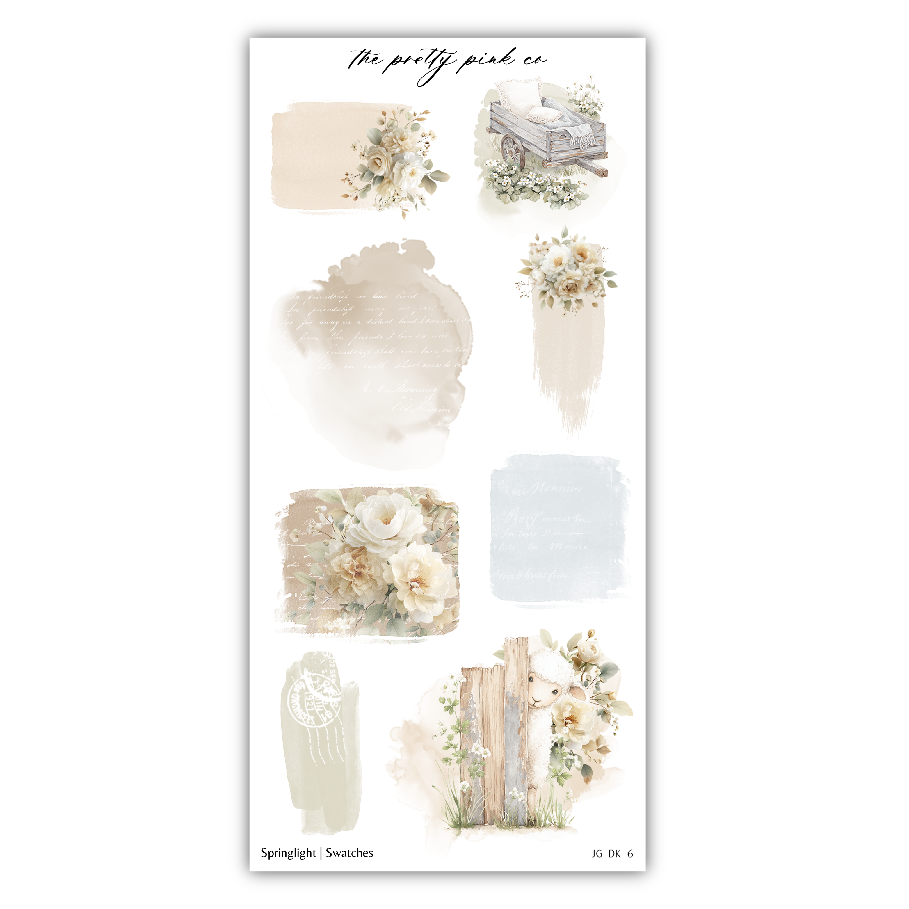 various floral and natural elements, including flowers, leaves, and a wooden structure, arranged in a visually appealing manner.