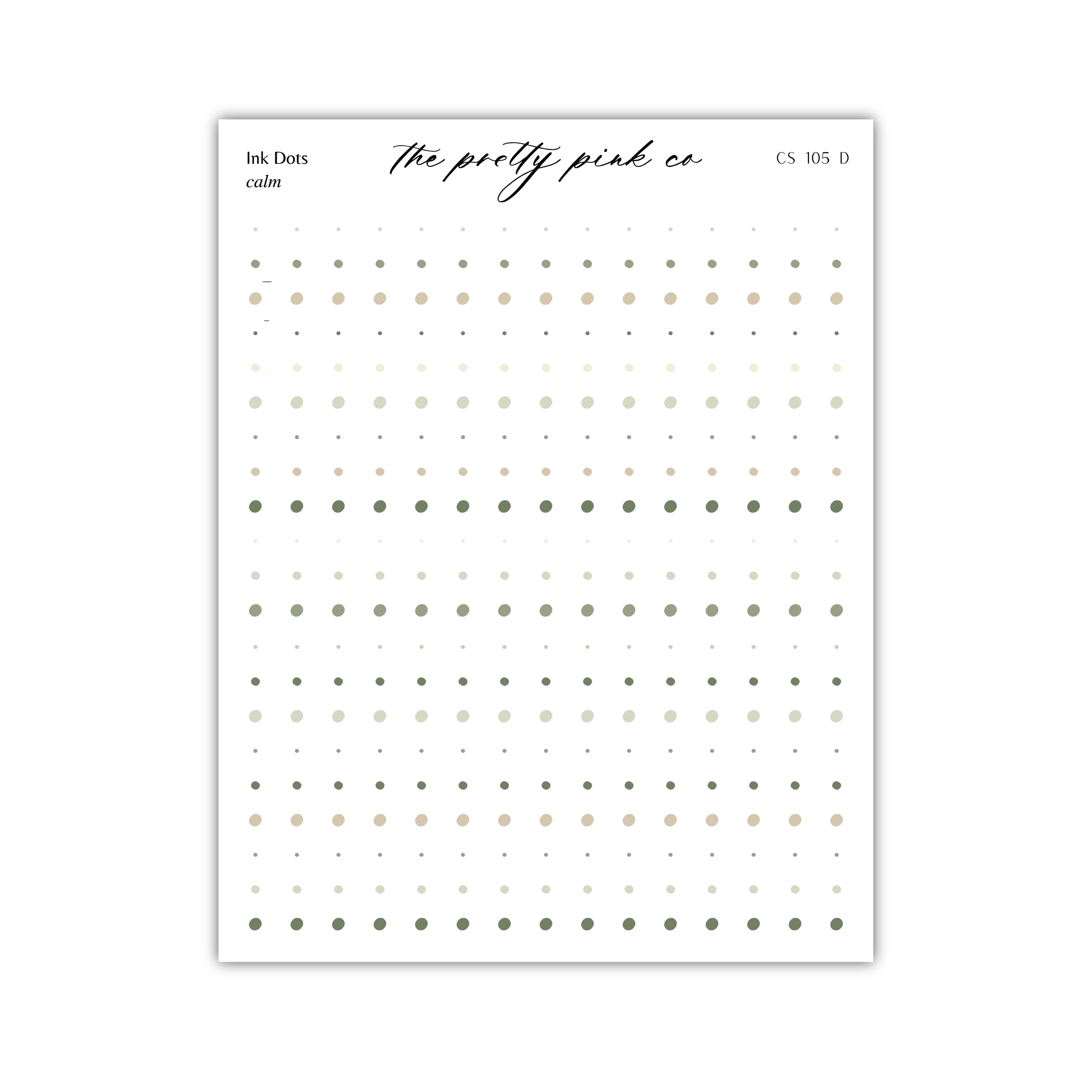 The image is a page from a notebook or planner with a grid of small circles or dots arranged in a pattern. The page is titled "ink dots" and includes the text "The pretty pink co" at the top. The page is described as a "calm" page, suggesting it is designed for use in a daily planner or journaling routine.