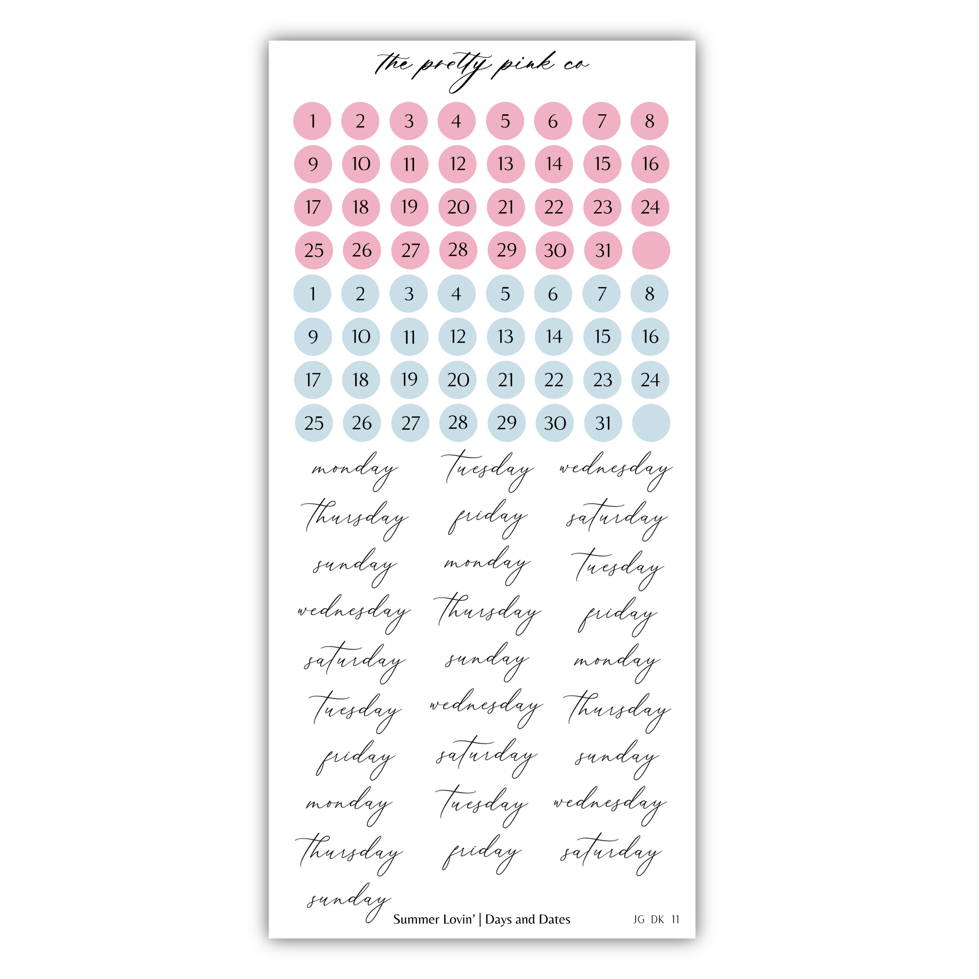 The image is a calendar with a grid of numbered days and days of the week written in cursive.