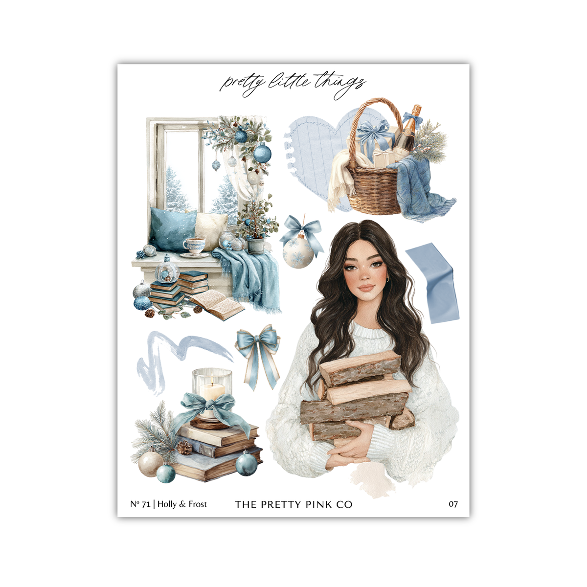 The image is a collage of various Christmas-themed items, including a woman holding a stack of books, a basket, and other holiday decorations.