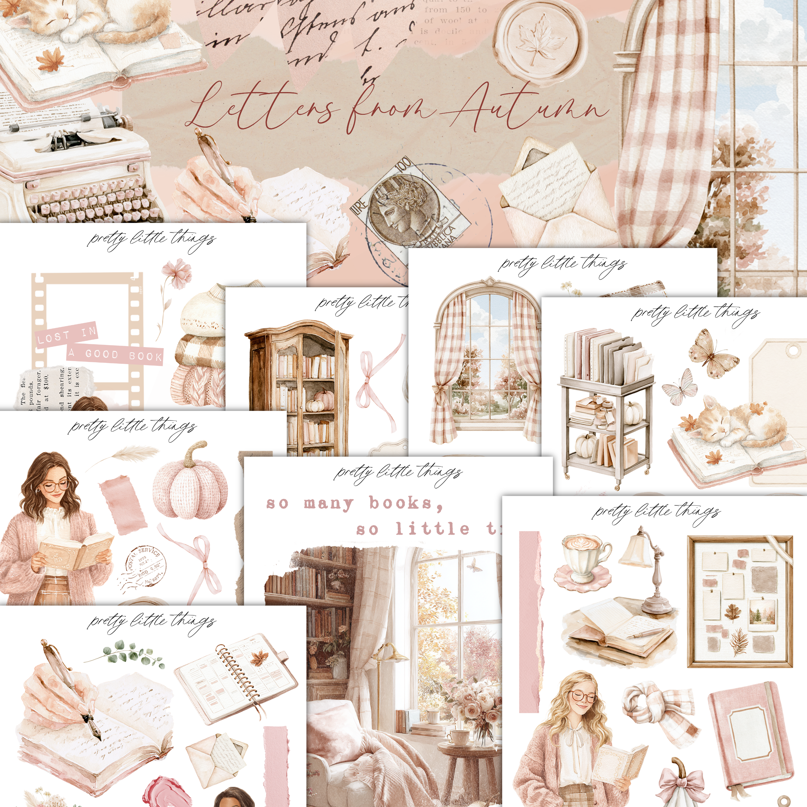The image is a collage of various illustrations and objects related to the theme of "Letters from Autumn". It includes images of a typewriter, books, a window, a clock, a vase, a pumpkin, a woman reading, and other autumn-themed items. The collage is organized into different sections, each with its own title, such as "So many books, so little time" and "So many little things". The overall color palette is predominantly pink and beige, creating a warm and cozy atmosphere.