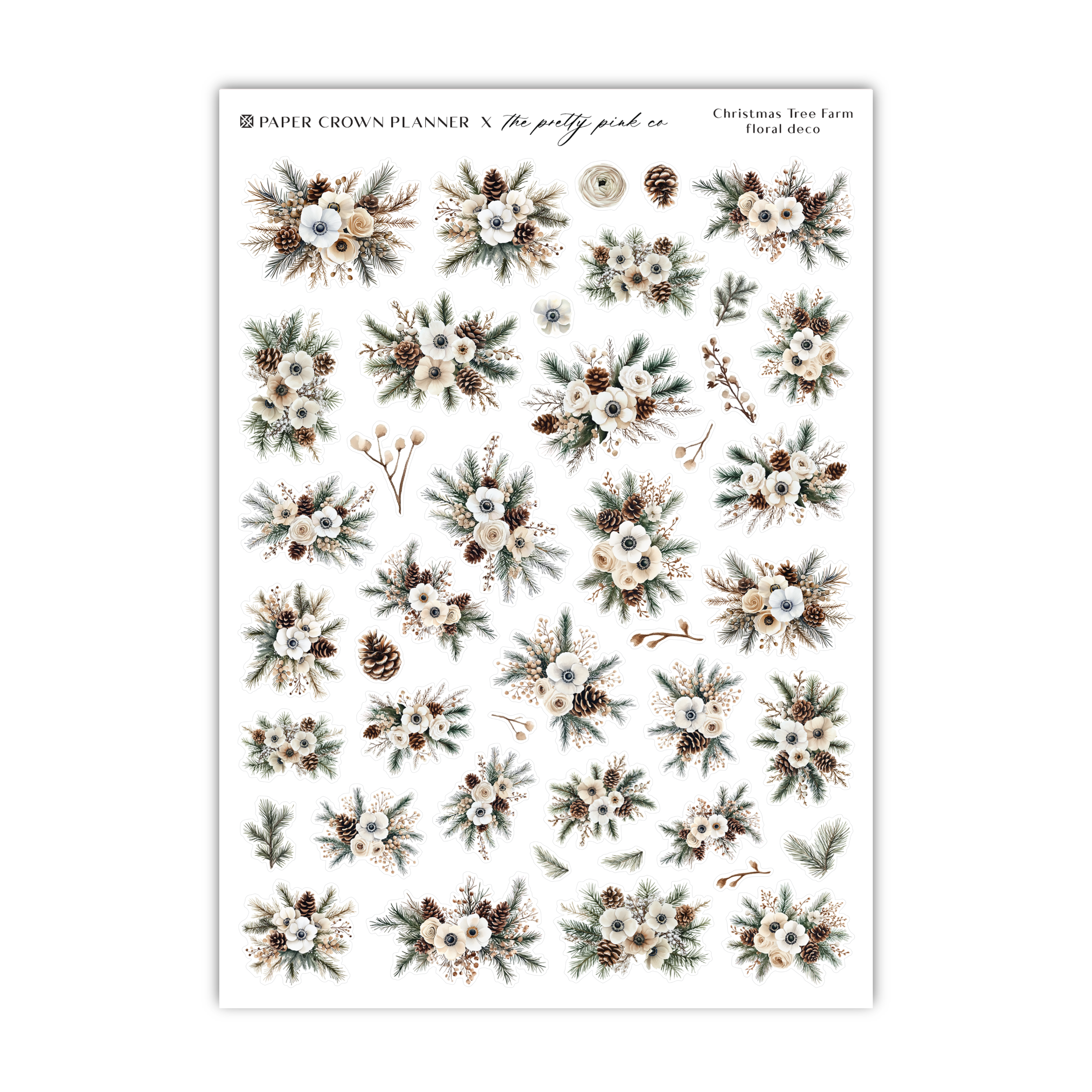 a sheet of stickers with flowers and pine cones