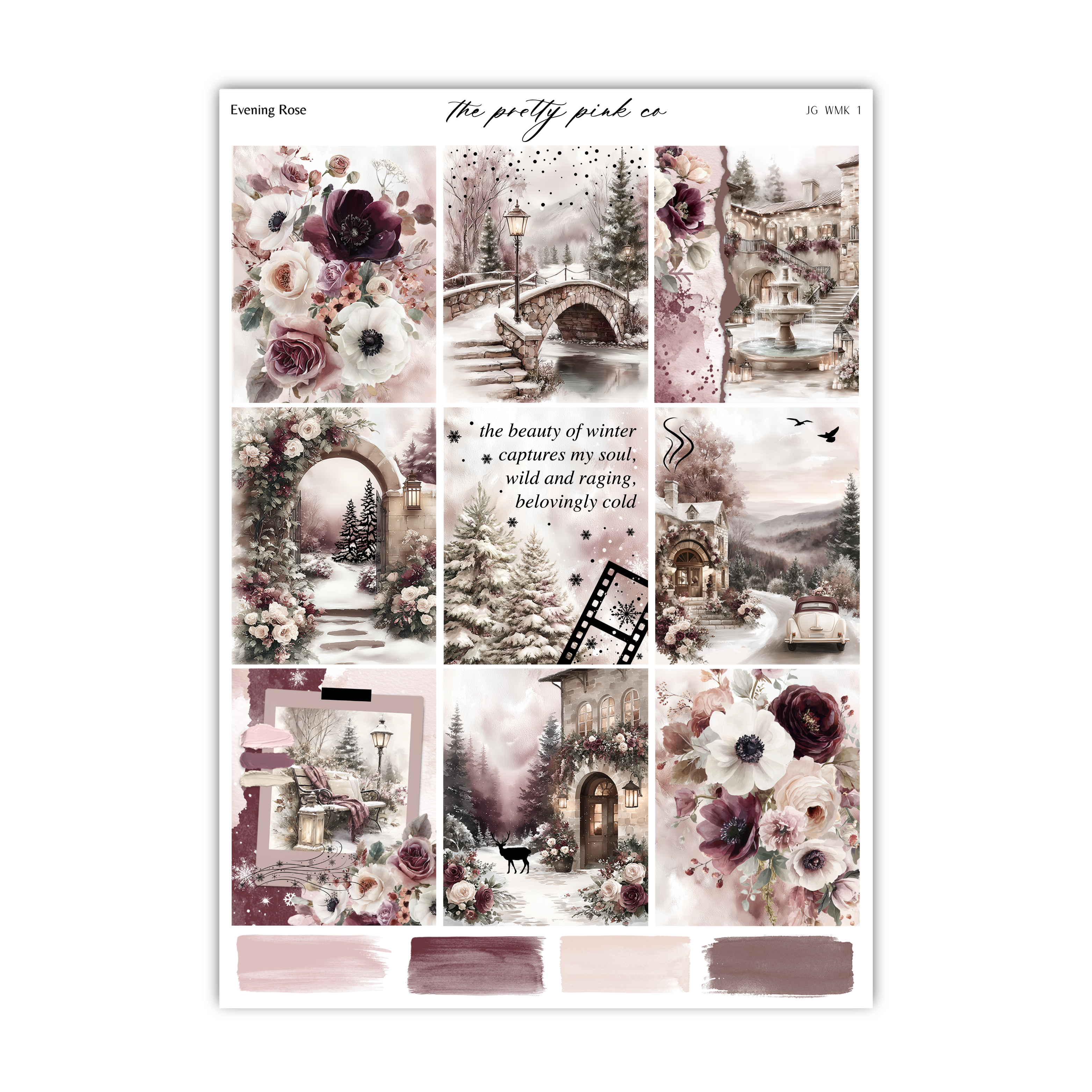 The image is a collage of various winter-themed images, including floral arrangements, snow-covered landscapes, and architectural structures.