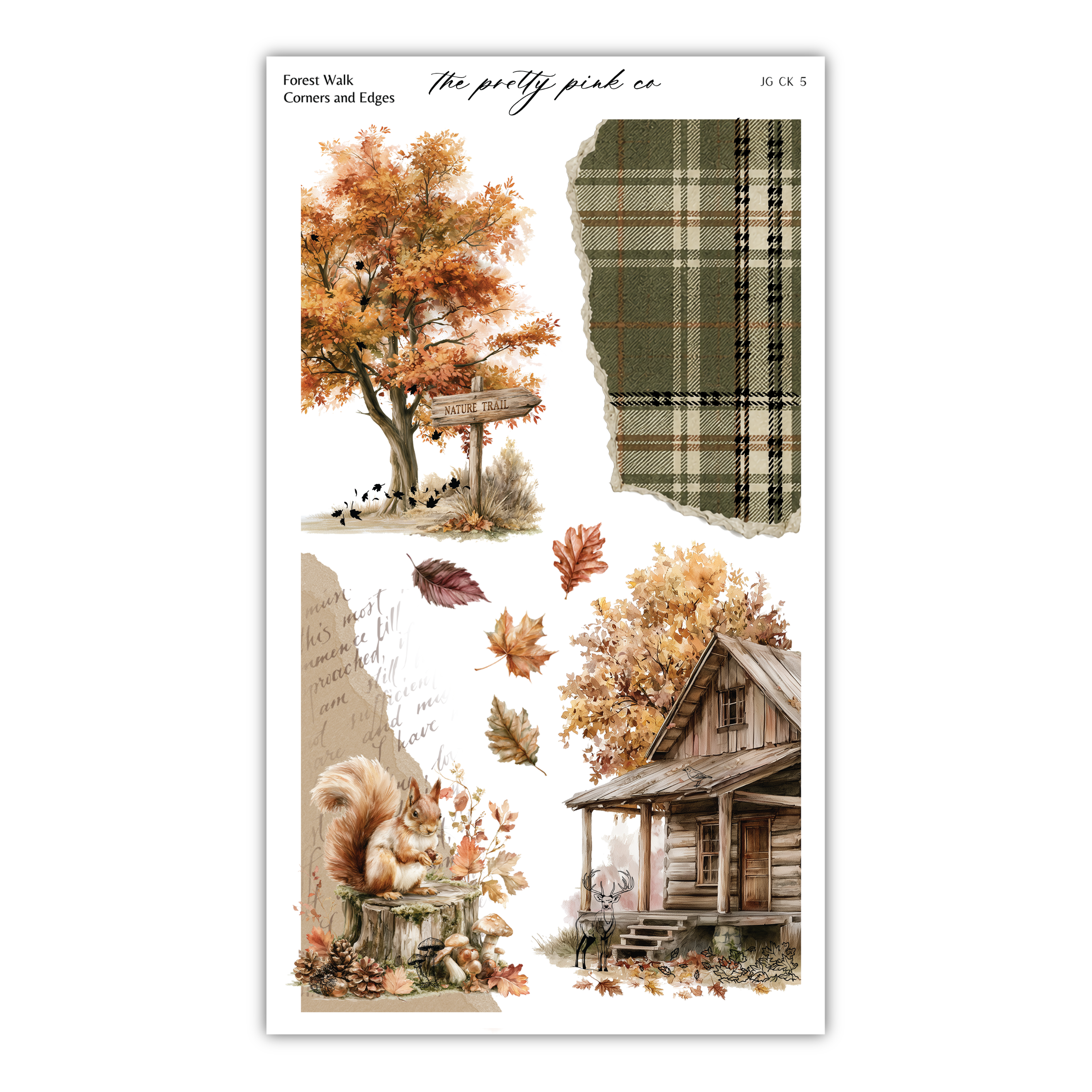 The image is a collage of various autumn-themed elements, including a tree with orange leaves, a wooden cabin, a squirrel, and fallen leaves.