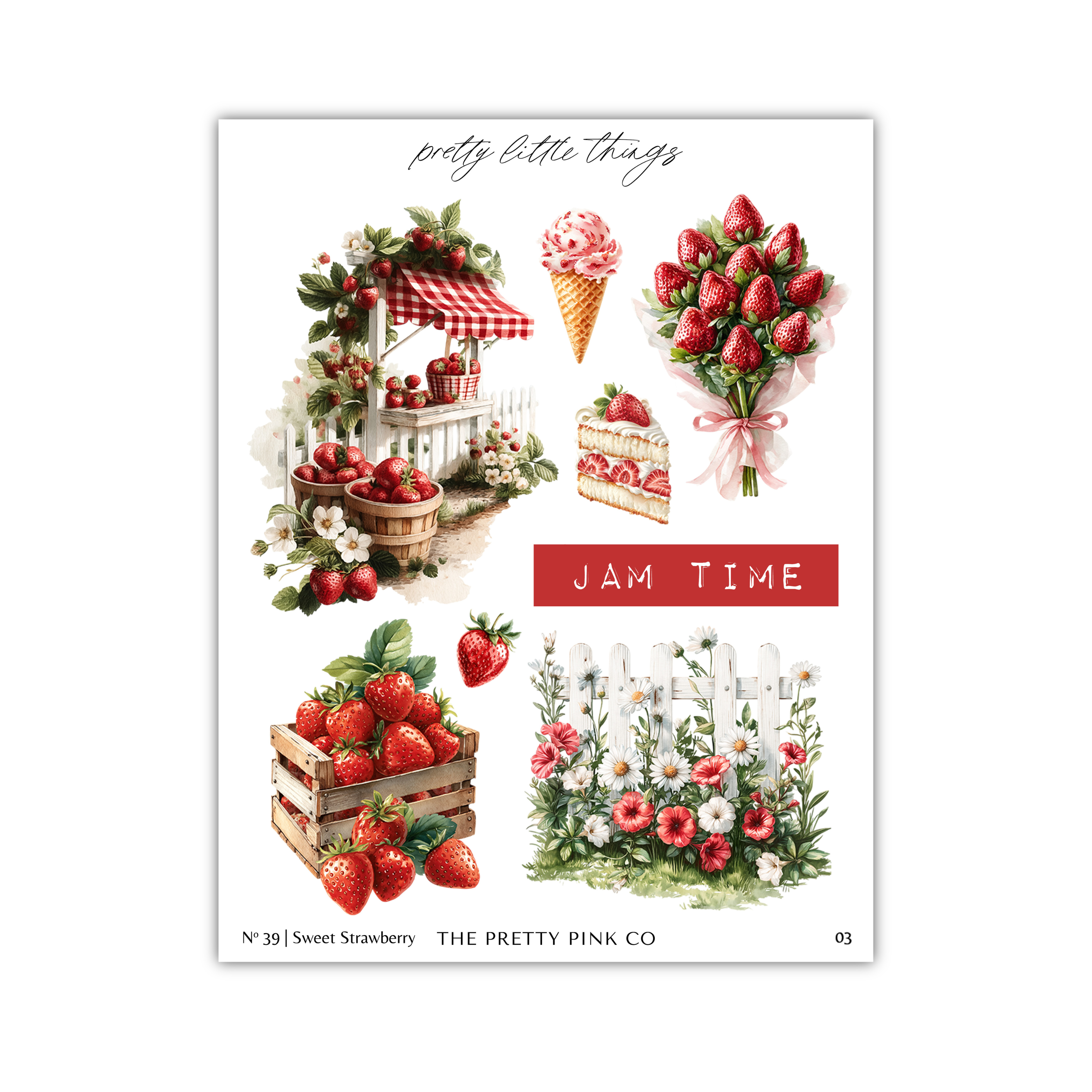The image is a collage of various strawberry-themed illustrations, including a strawberry stand, a strawberry bouquet, a strawberry cake, a strawberry basket, and a strawberry field with flowers.