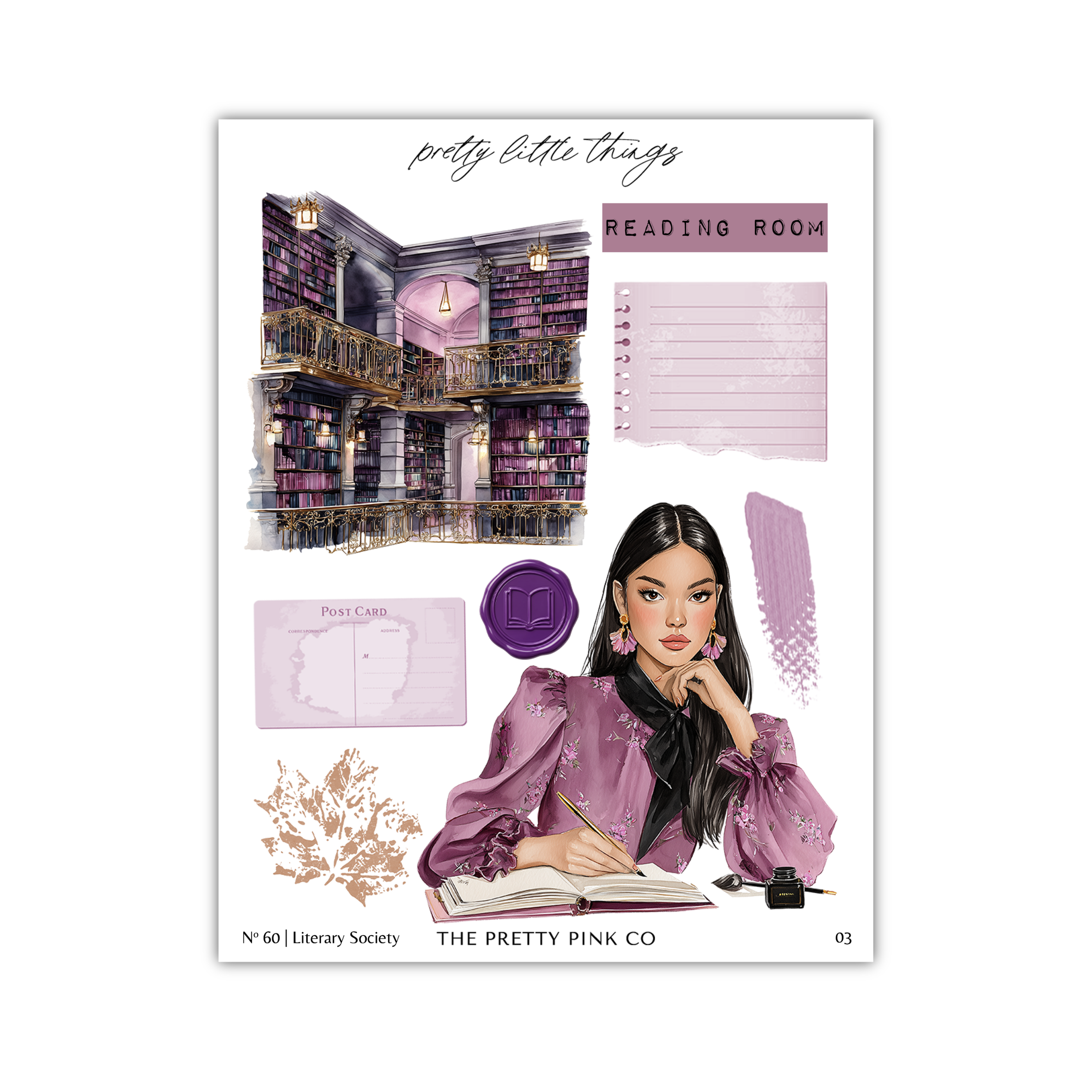 The image is a collage featuring a woman sitting at a desk with a book, surrounded by various elements such as a bookshelf, a postcard, and a map.