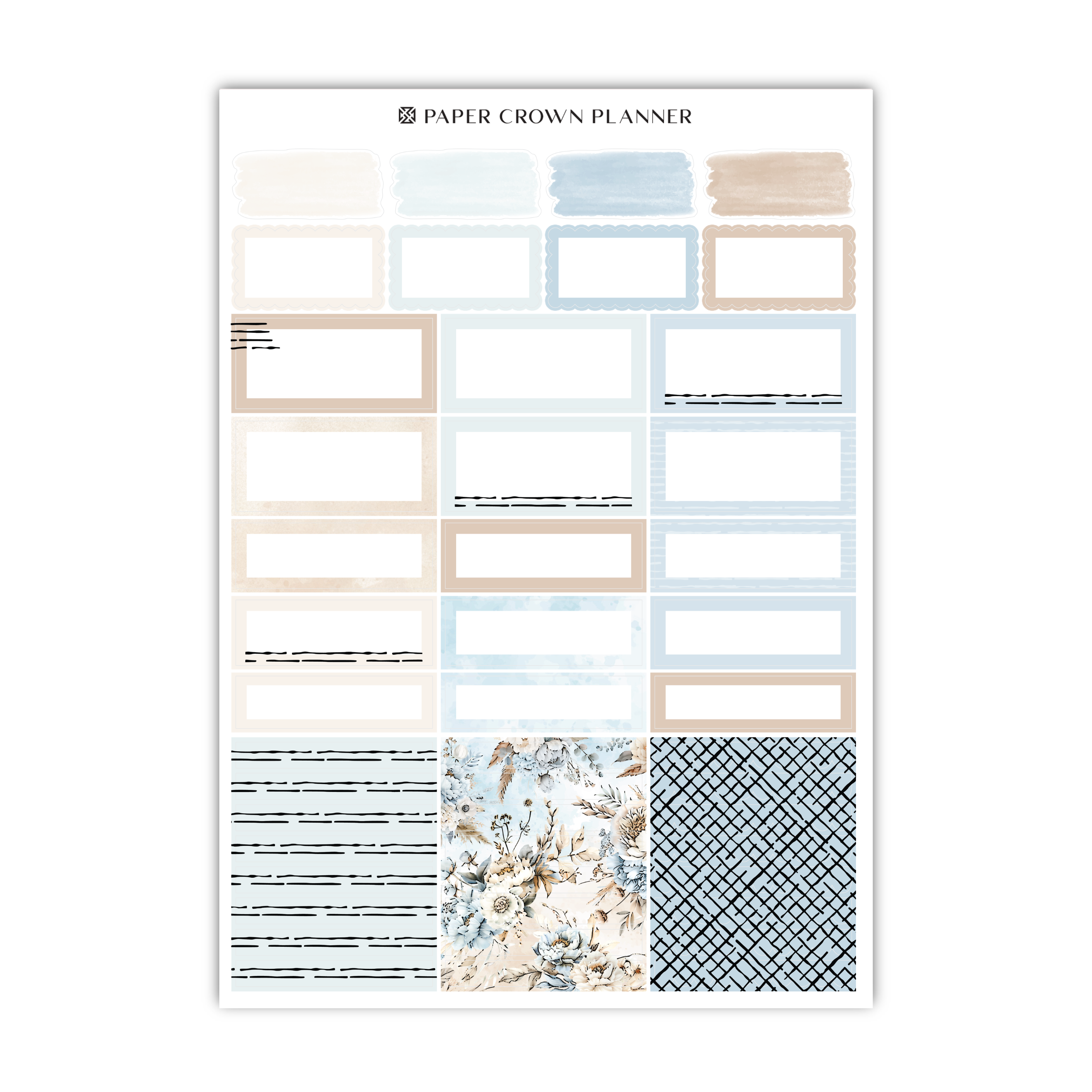 the paper crown planner is a blue and beige planner