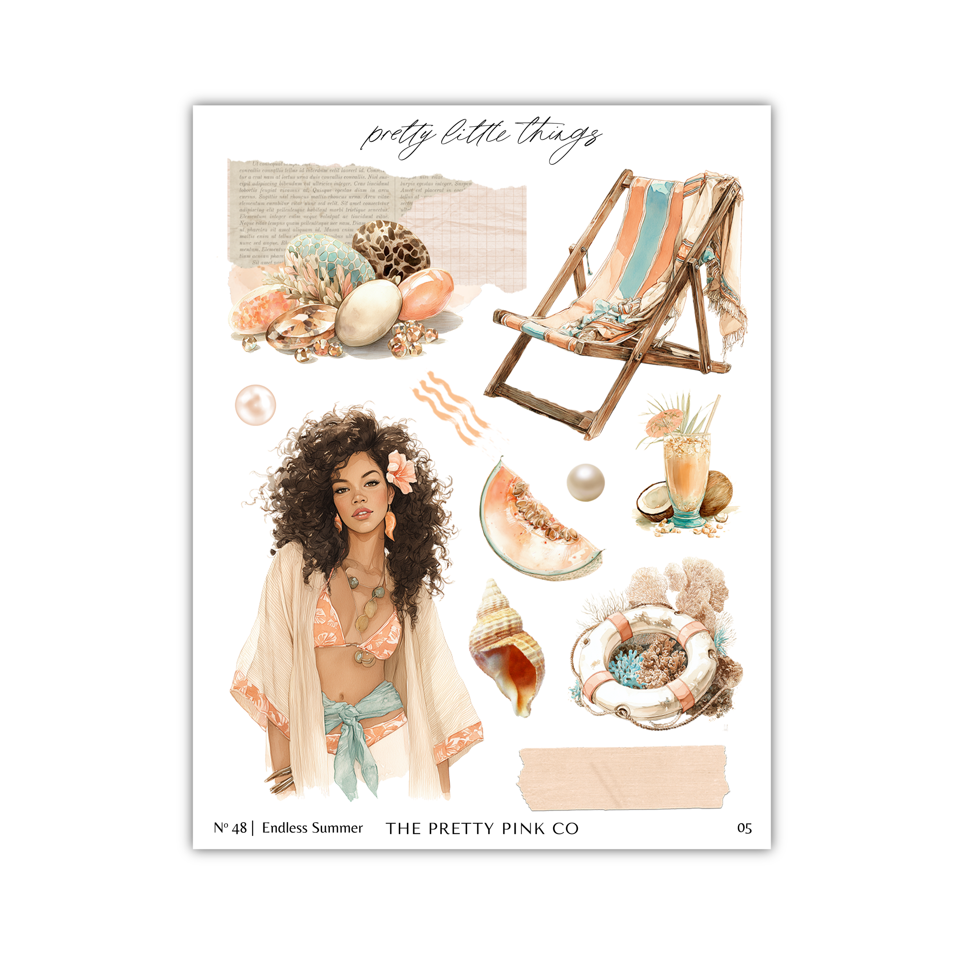 The image is a collage of various beach-related items and a woman, including a beach chair, seashells, a bouquet of flowers, a surfboard, and a woman with curly hair wearing a bikini.