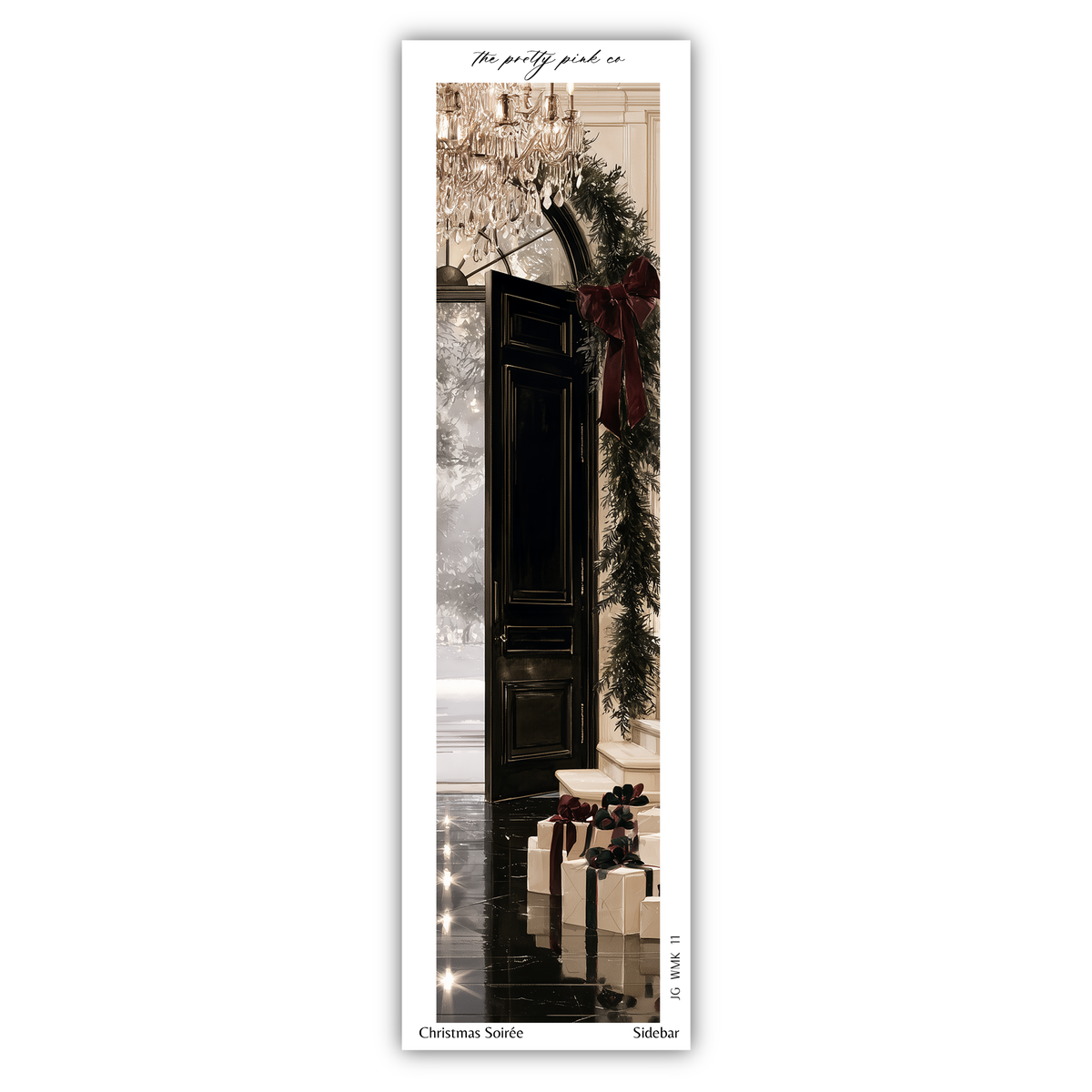 A tall, elegant black door with a wreath and presents on the steps, set against a backdrop of a chandelier and a snowy landscape.
