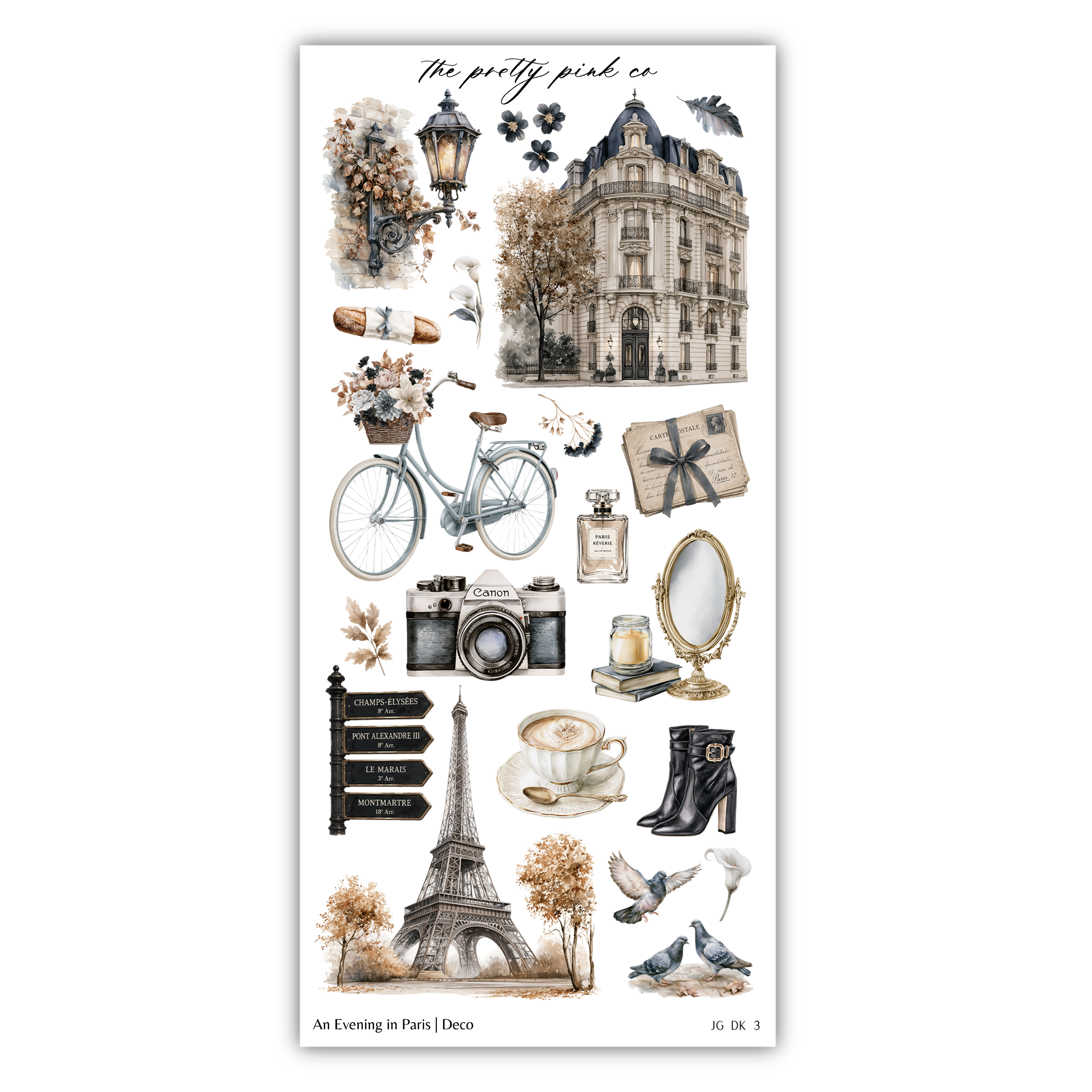 The image is a collage of various objects and scenes related to Paris, including a bicycle, a building, a lamp, a mirror, a cup, a book, a bird, and a tree.