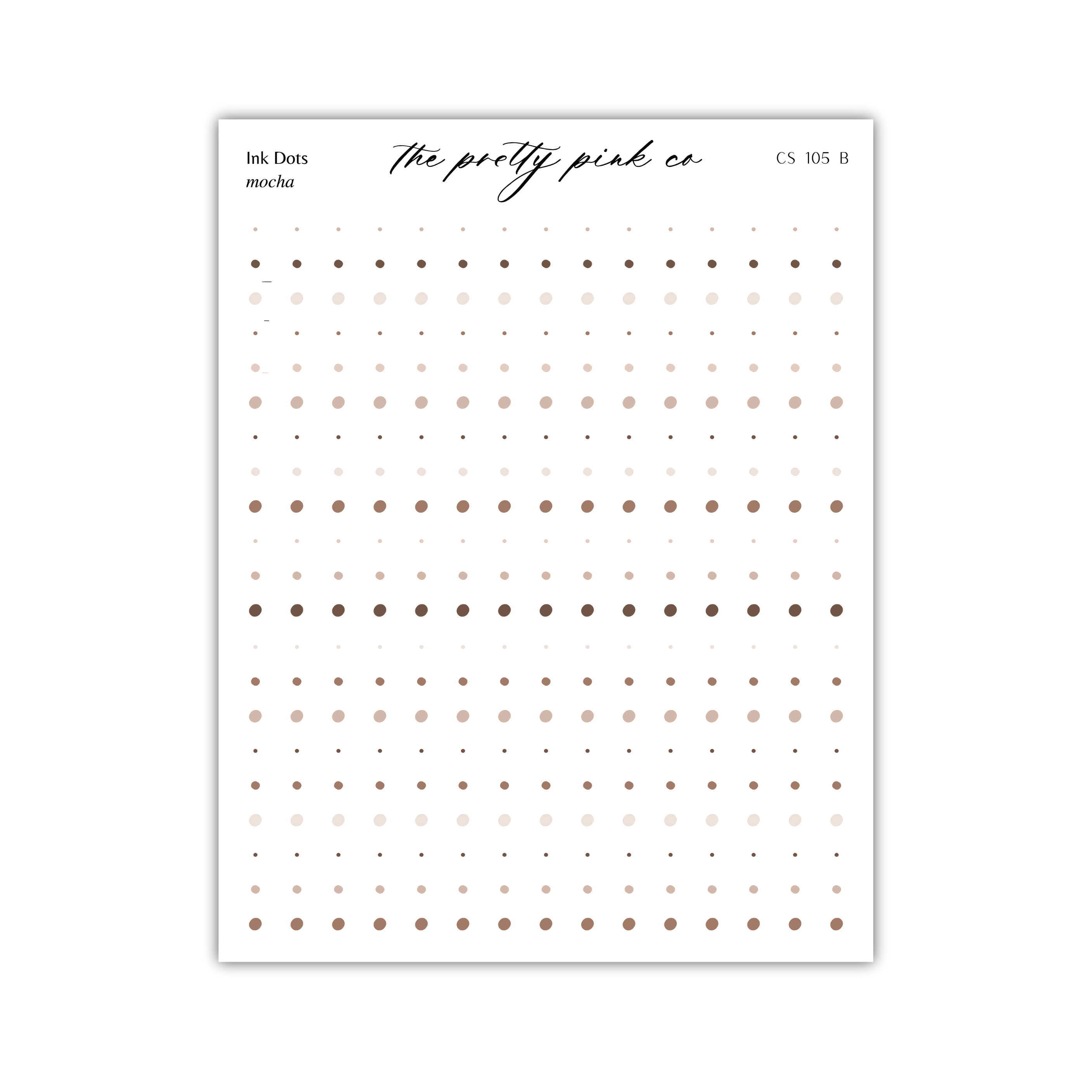 The image is a page from a notebook or planner with a grid of brown dots arranged in a pattern. The page is titled "ink dots" and includes the text "The pretty pink co" at the top. The page is not a full page of text, but rather a collection of individual images that together form a larger visual.