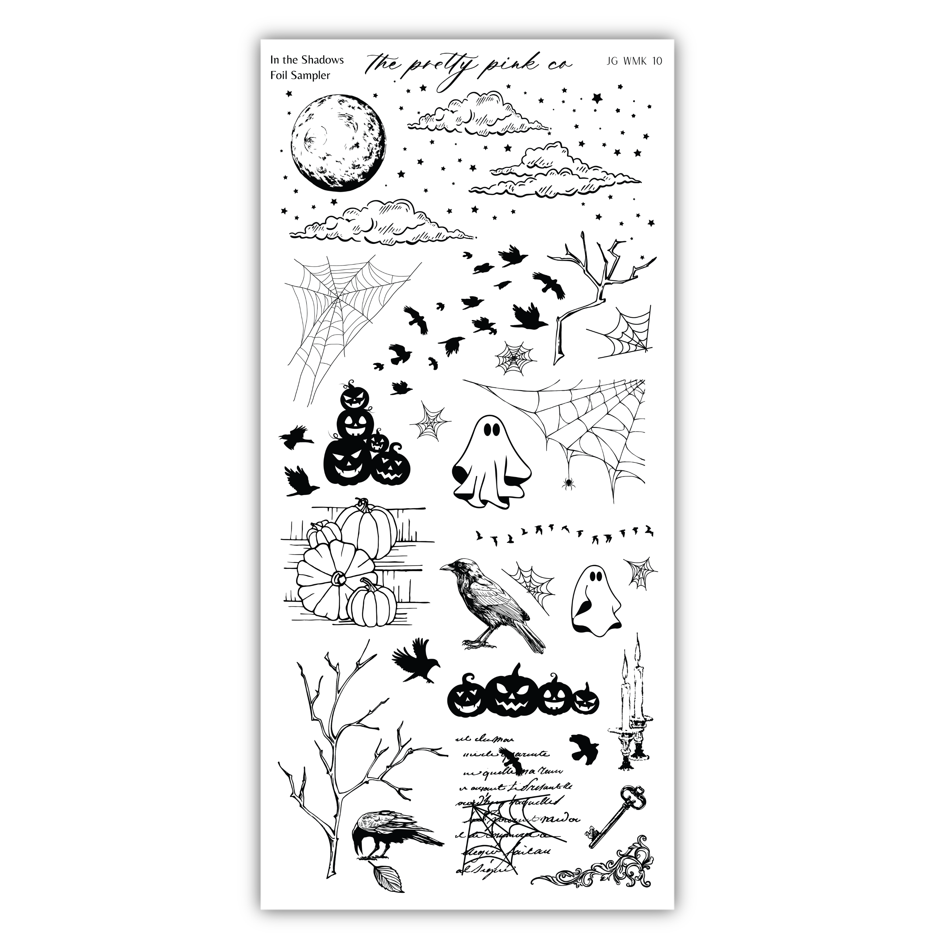various Halloween-themed illustrations, including a full moon, clouds, a spider web, a ghost, pumpkins, a bird, and a candle. The illustrations are presented in a collage format, with each image contributing to the overall Halloween theme.