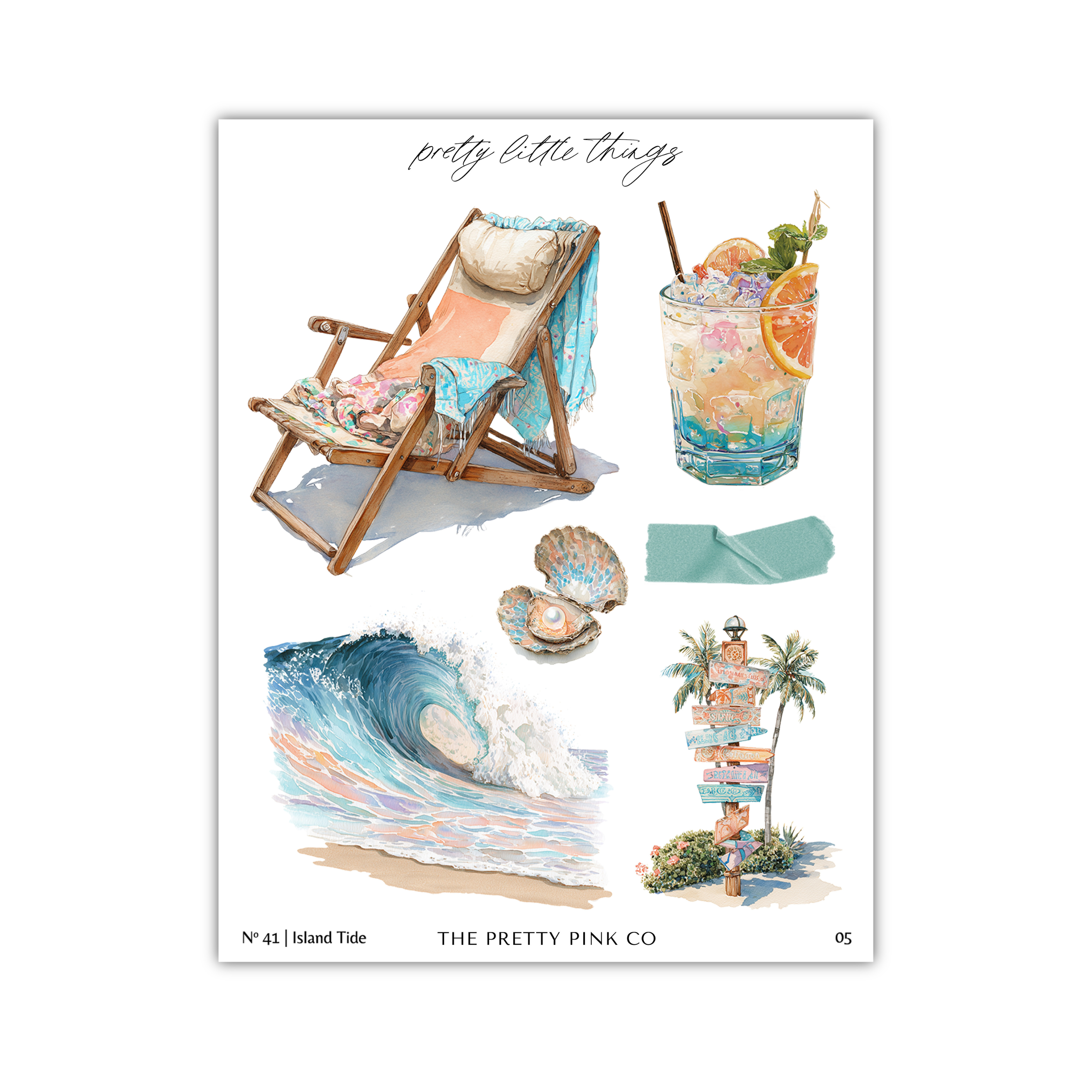 The image is a collage of various beach-themed illustrations, including a beach chair, a cocktail glass, a seashell, a wave, and a palm tree.