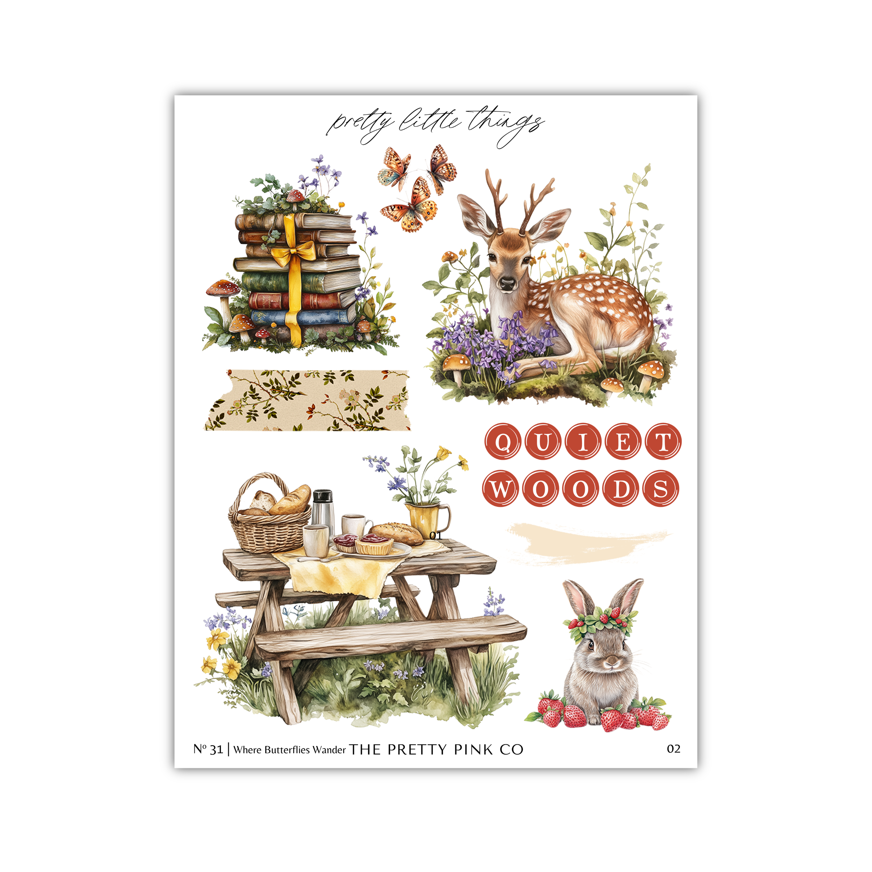 The image is a collage of various illustrations related to nature and tranquility, including a deer, a picnic table, a rabbit, and butterflies.
