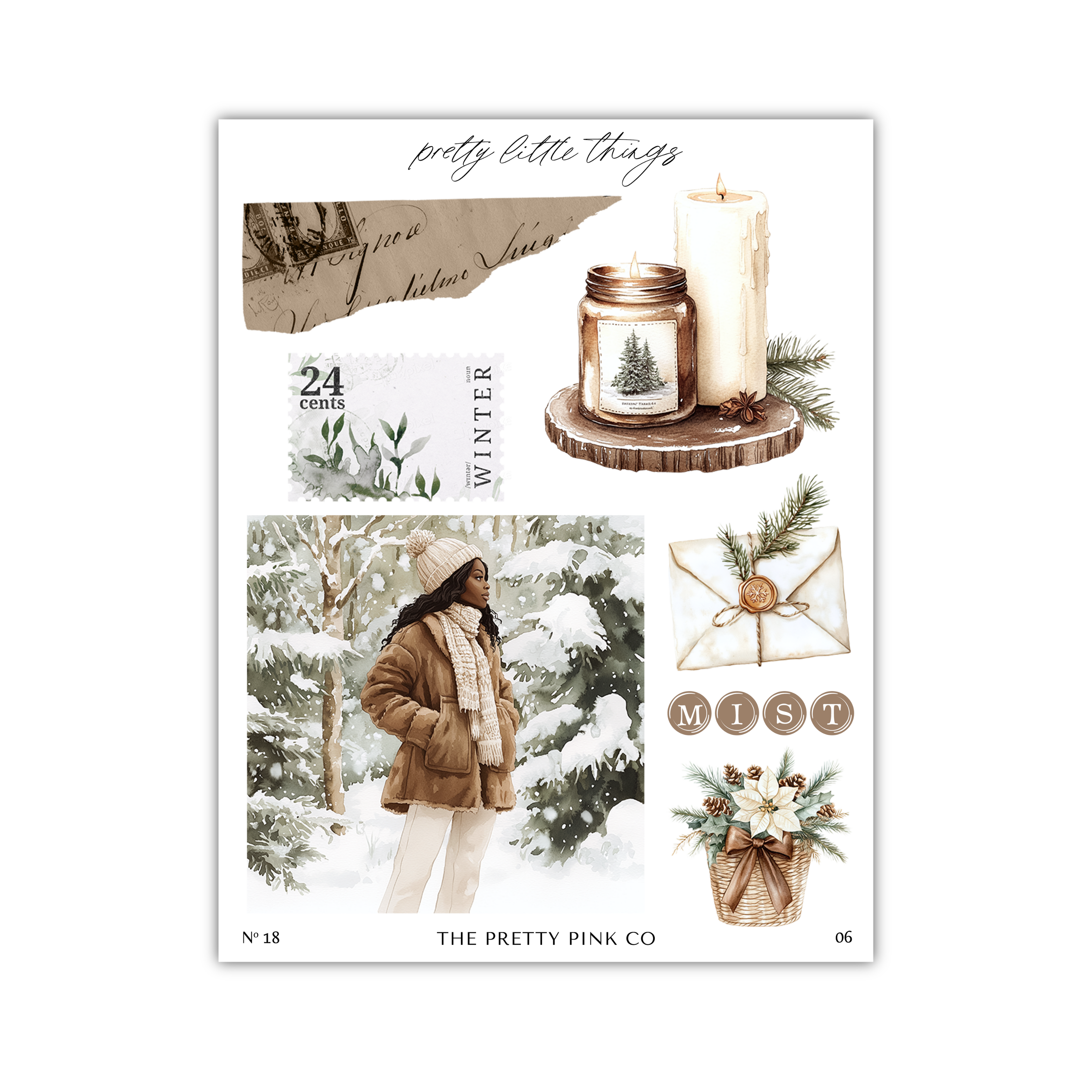 The image is a collage of various winter-themed items, including a candle, a jar, a pine tree, a woman in a coat, and a basket of flowers. The collage is titled "pretty little things" and includes a stamp, a postcard, and a letter. The image is a part of a larger collection of images titled "The pretty pink co" and features a woman in a coat and hat.