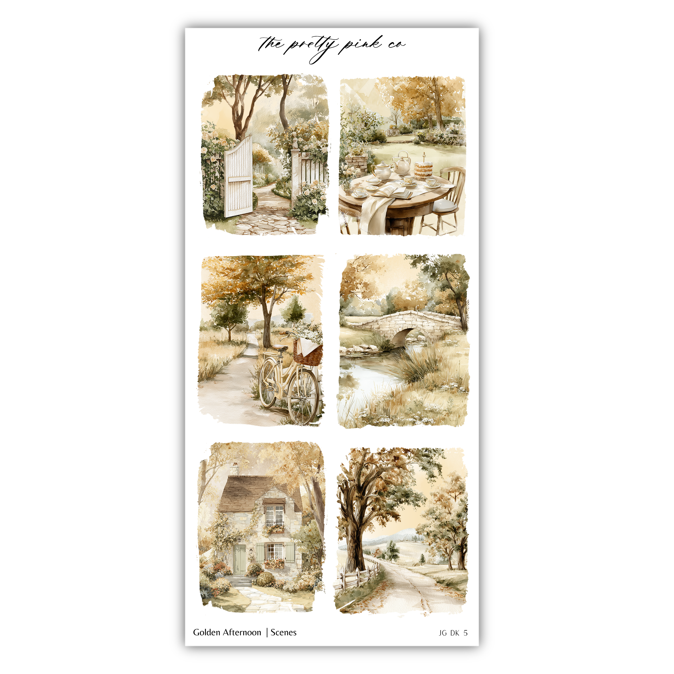 The image is a collage of six pictures depicting various scenes, including a garden, a path, a bridge, a house, a bicycle, and a tree.