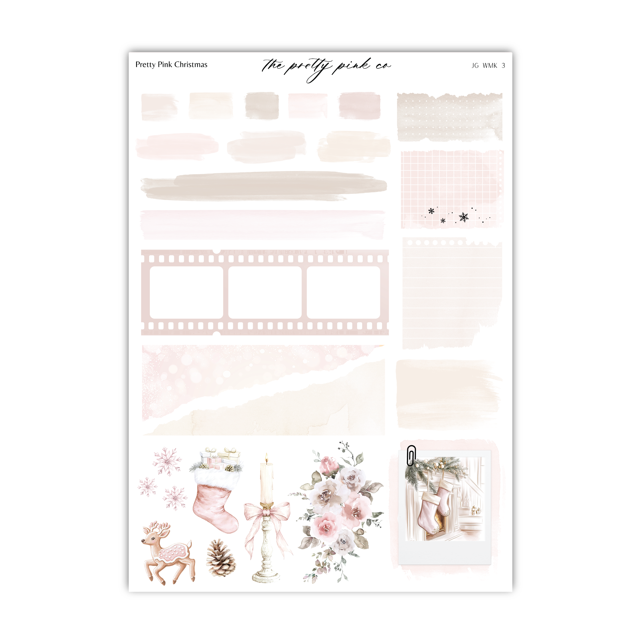 a sheet of stickers with pink and white designs