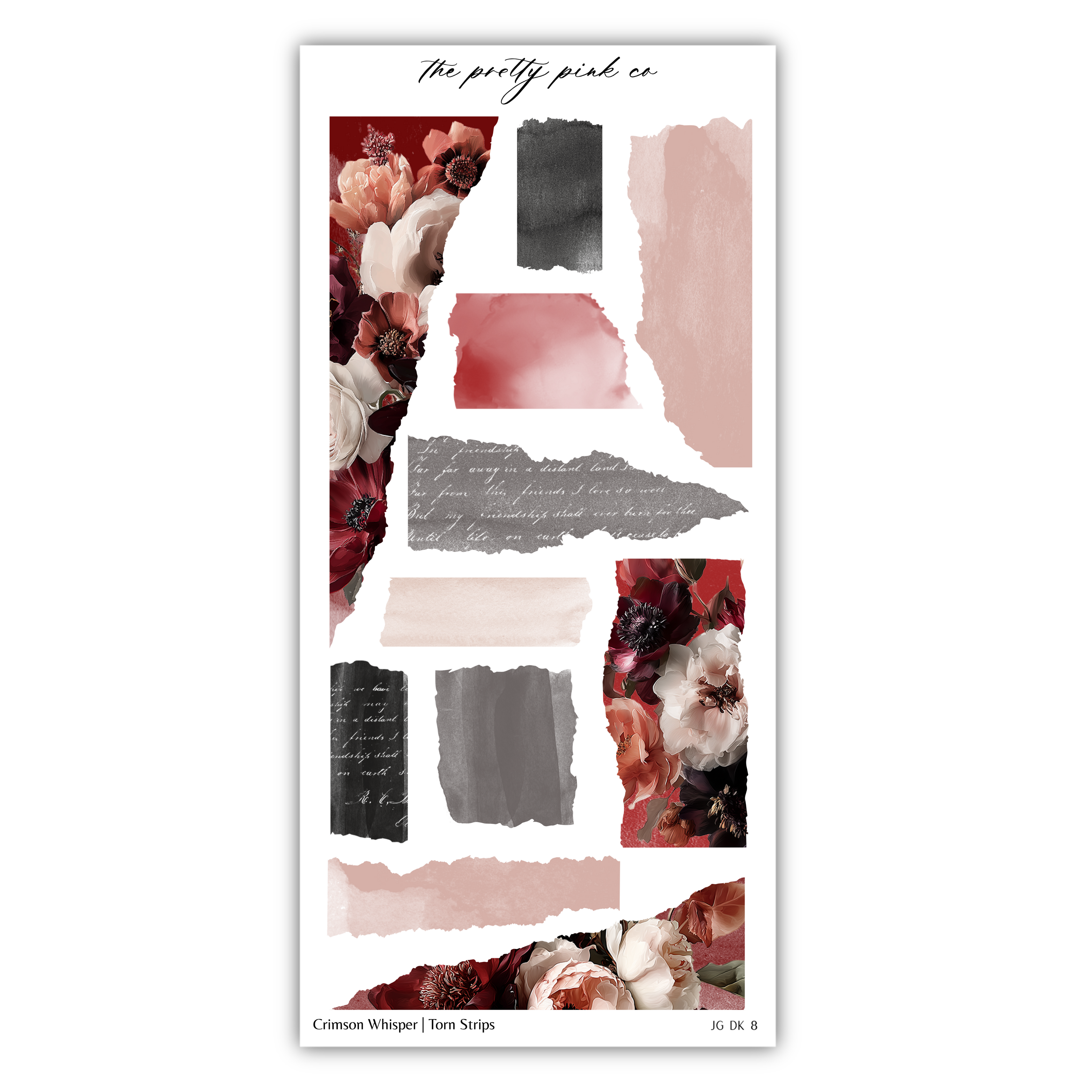 The image is a collage of various abstract and floral elements, including torn strips, flowers, and text.