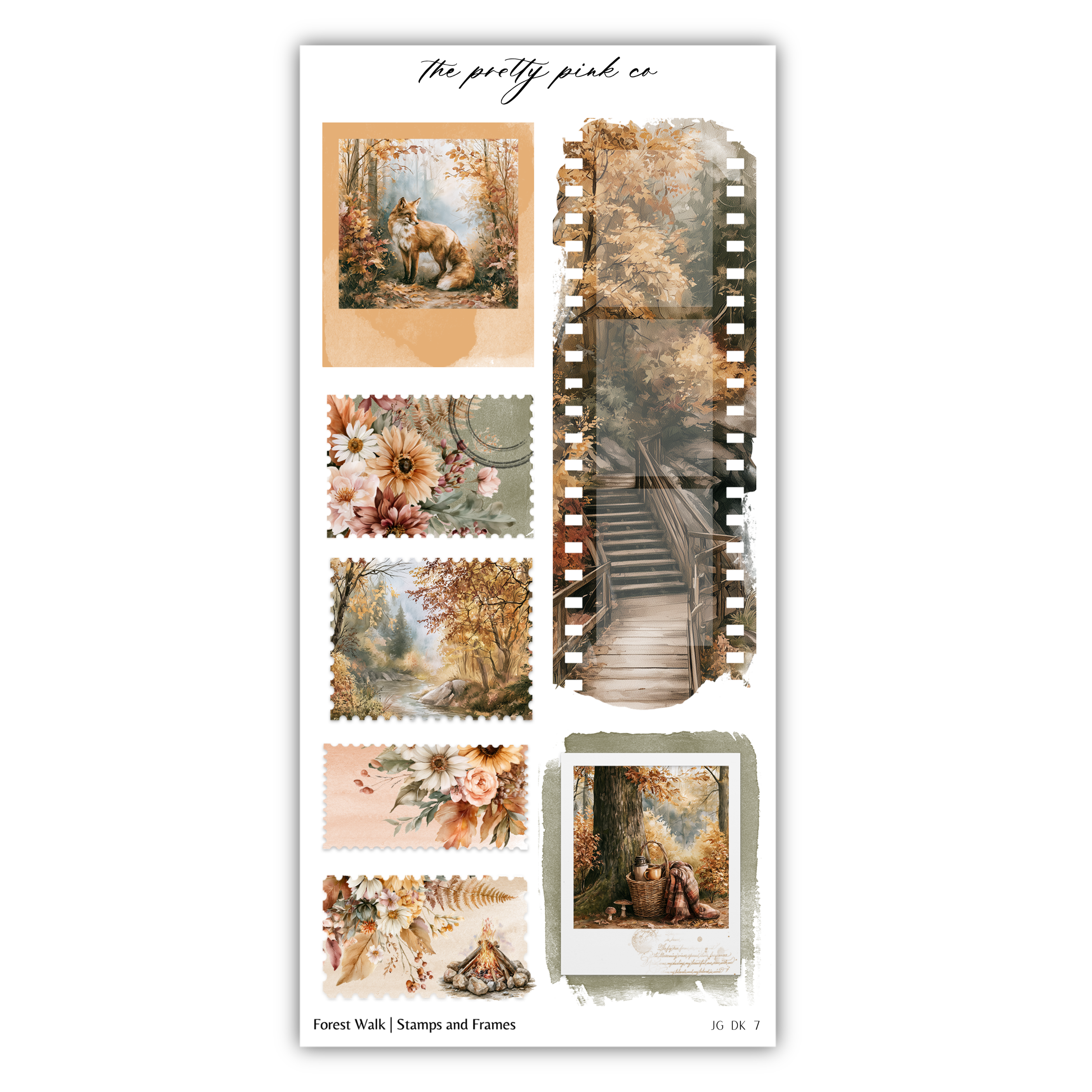 a collage of various nature-themed images, including a fox, a forest, and a staircase. The collage is framed by a border and includes several stamps and frames.
