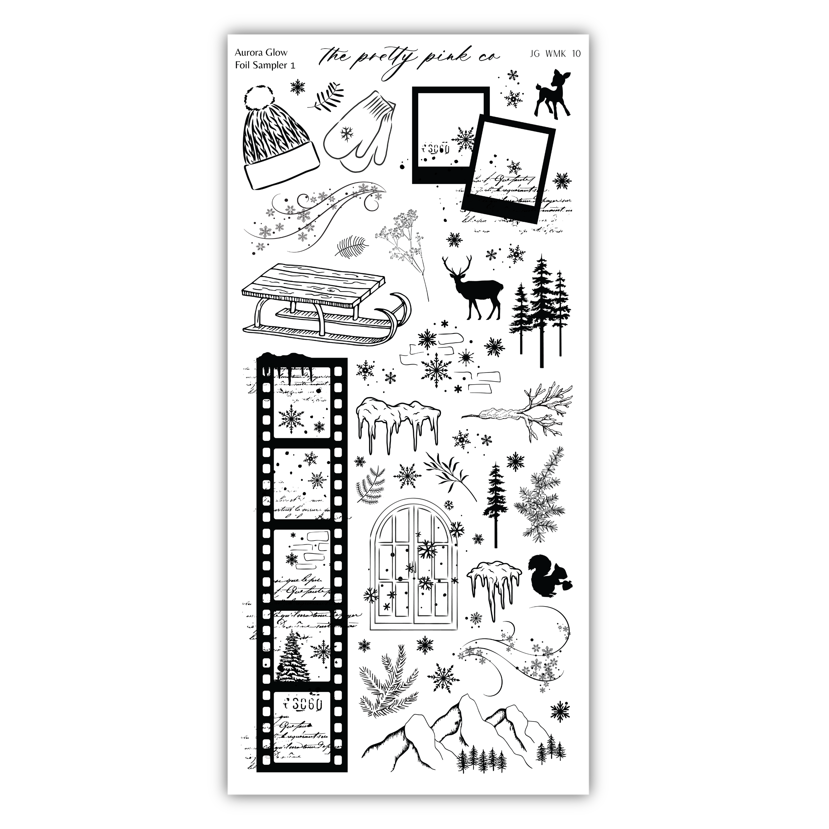 various winter-themed illustrations and objects, including a sled, snowflakes, pine trees, and other snowy scenes.