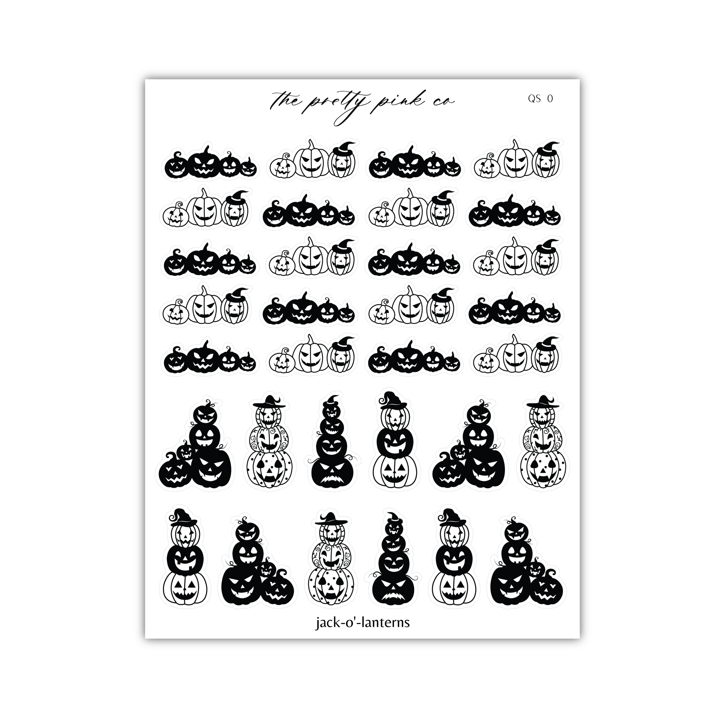 a sheet of black and white stickers with pumpkins